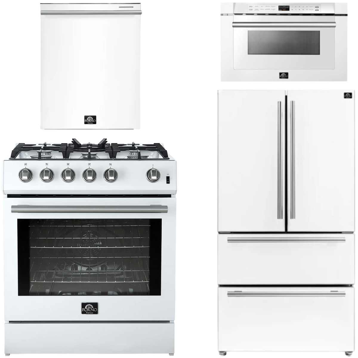 FORNO Espresso Package - 30" Gas Range, 36" Refrigerator with Ice Maker, Dishwasher and 24" Microwave Drawer in White with Stainless Steel Accents