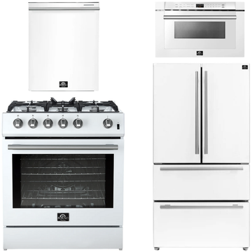 FORNO Espresso Package - 30" Gas Range, 36" Refrigerator with Ice Maker, Dishwasher and 24" Microwave Drawer in White with Stainless Steel Accents