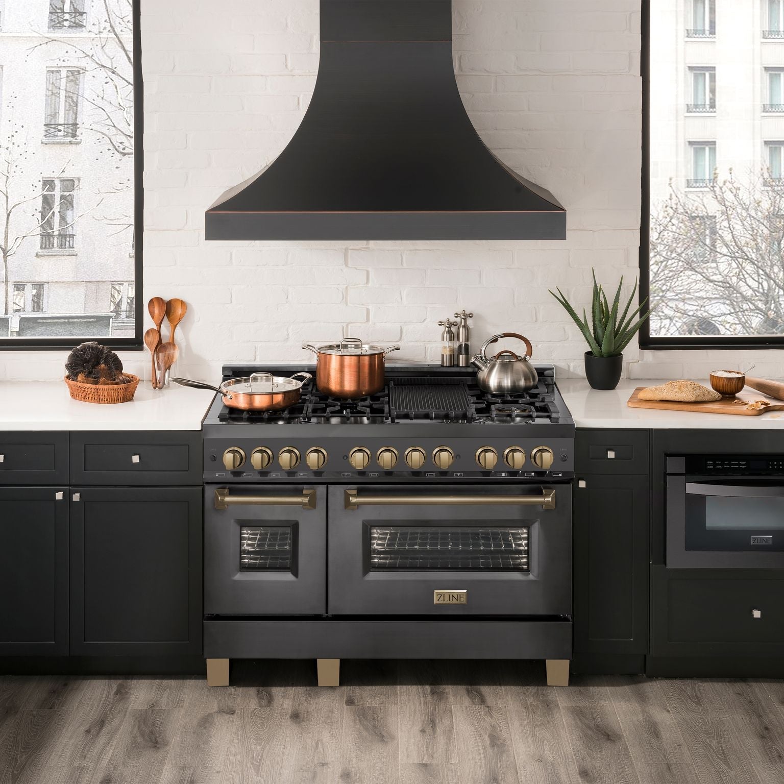 ZLINE Autograph Edition 48-Inch Dual Fuel Range, 6.0 cu ft, Black Stainless Steel with Champagne Bronze Accents (RABZ-48-CB)