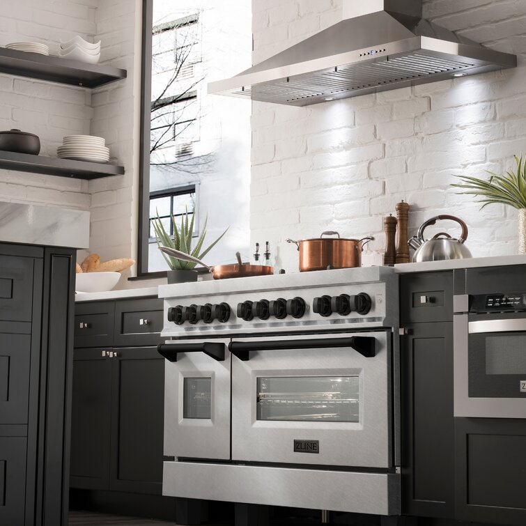 ZLINE Autograph 48 in. Legacy Dual Fuel Range with 7 Gas Burners and Double Electric Ovens (6.0 cu. ft.) in Satin Stainless Steel with Matte Black Accents – RASZ-SN-48-MB