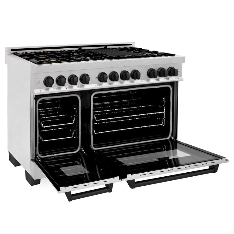 ZLINE Autograph 48 in. Legacy Dual Fuel Range with 7 Gas Burners and Double Electric Ovens (6.0 cu. ft.) in Satin Stainless Steel with Matte Black Accents – RASZ-SN-48-MB