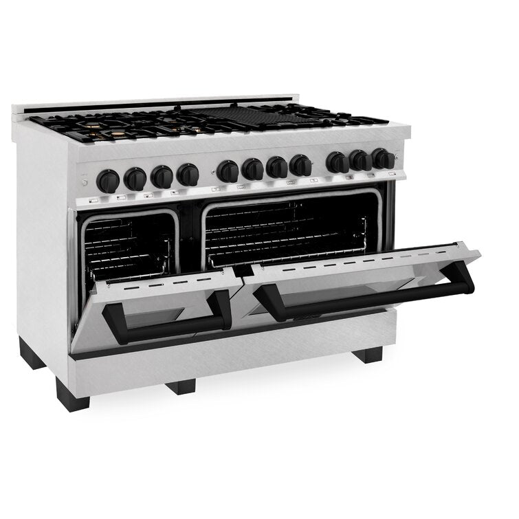 ZLINE Autograph 48 in. Legacy Dual Fuel Range with 7 Gas Burners and Double Electric Ovens (6.0 cu. ft.) in Satin Stainless Steel with Matte Black Accents – RASZ-SN-48-MB