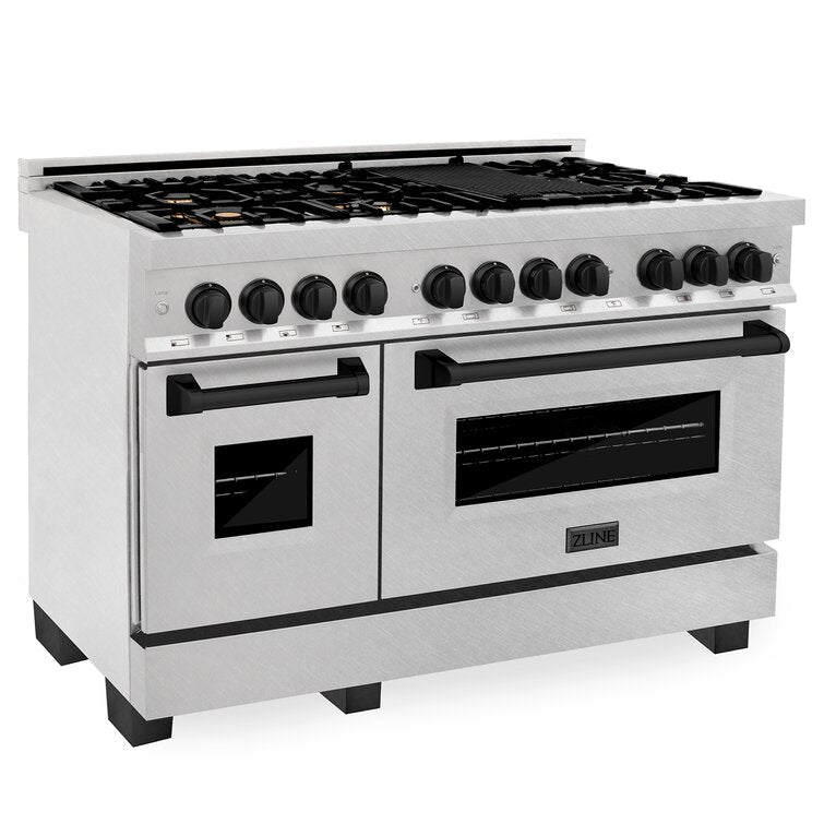 ZLINE Autograph 48 in. Legacy Dual Fuel Range with 7 Gas Burners and Double Electric Ovens (6.0 cu. ft.) in Satin Stainless Steel with Matte Black Accents – RASZ-SN-48-MB
