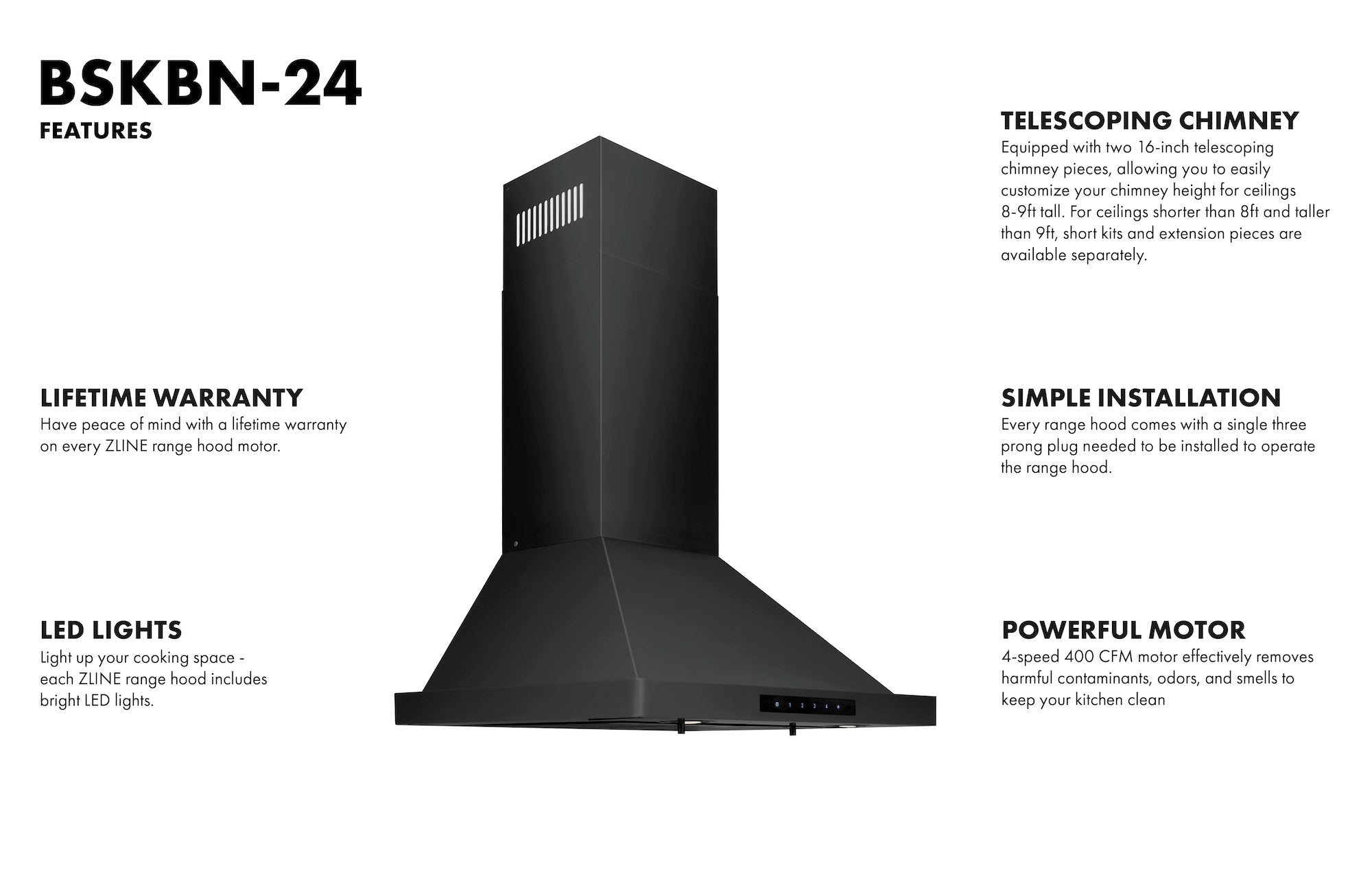 ZLINE 24 Inch Wall Mount Range Hood Convertible Vent Black Stainless Steel 400 CFM (BSKBN-24)
