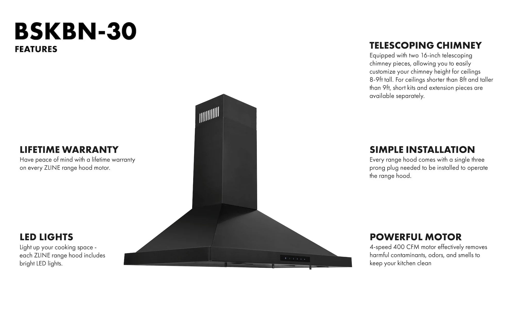 ZLINE 30 Inch Wall Mount Range Hood Convertible Vent Black Stainless Steel 4-Speed LED Lighting (BSKBN-30)