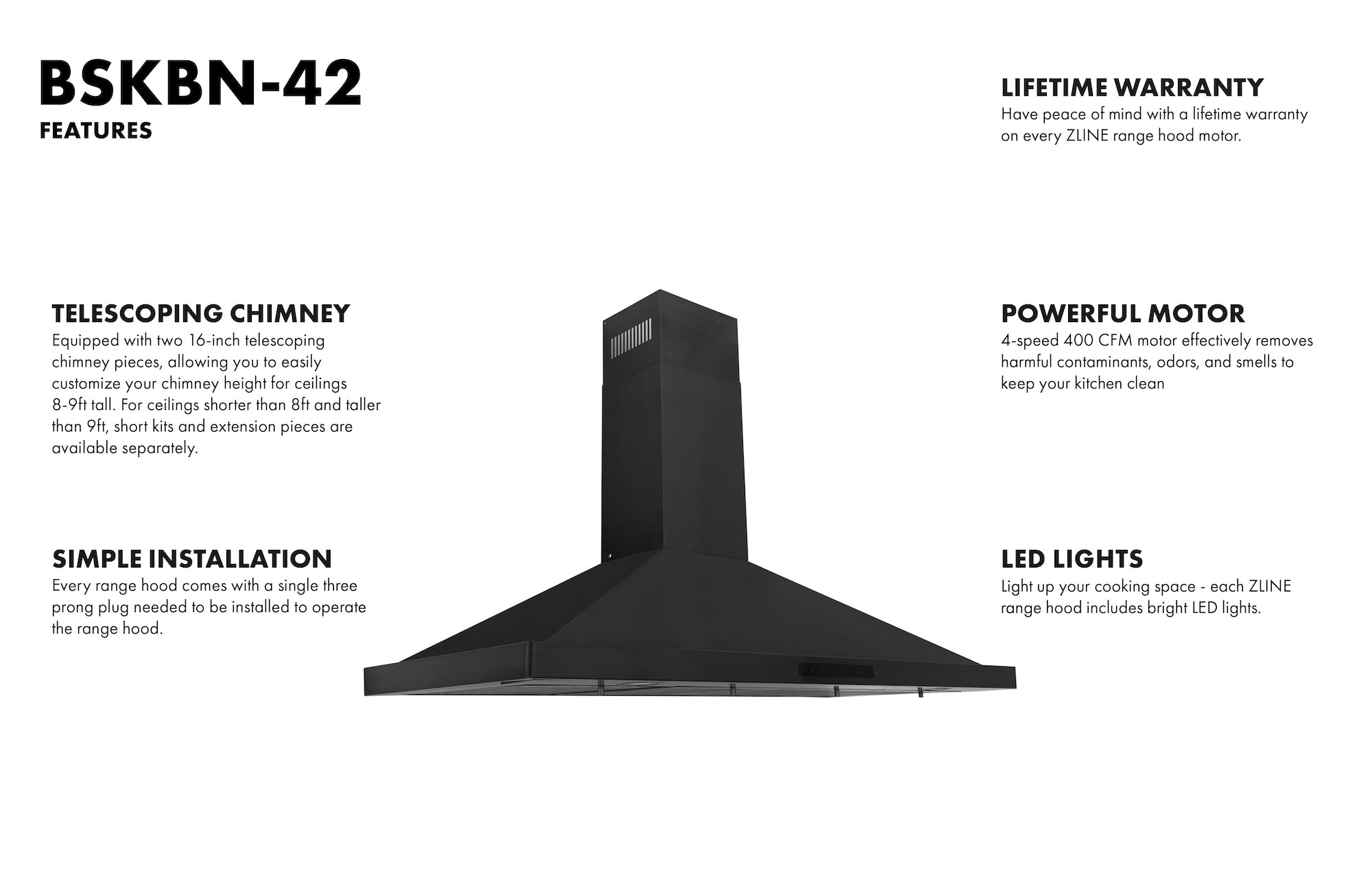 ZLINE 42 in. Wall Mount Range Hood Black Stainless Steel Convertible Vent 400 CFM (BSKBN-42)