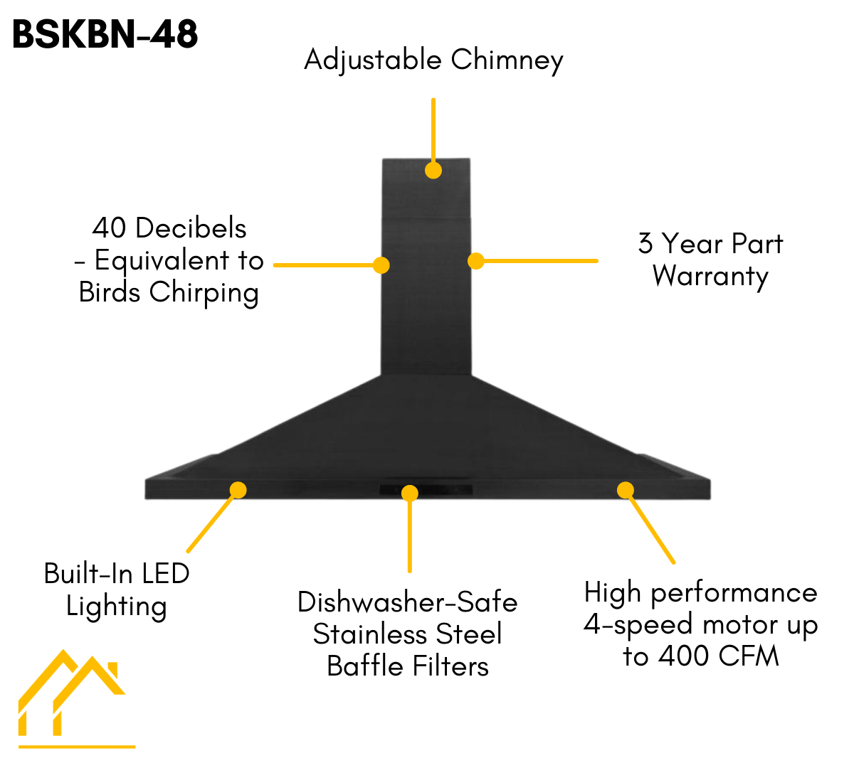 ZLINE 48 in. Wall Mount Range Hood Convertible Vent Black Stainless Steel 400 CFM (BSKBN-48)