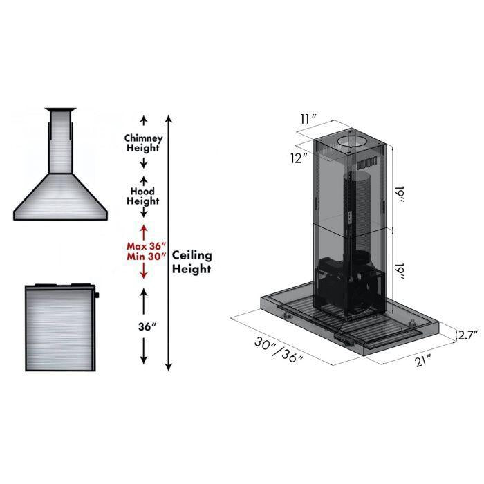 ZLINE 30 Inch Island Range Hood Convertible Vent Black Stainless Steel 400 CFM (BSKE2iN-30)