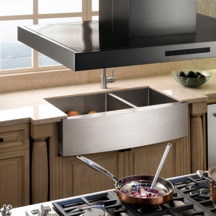 ZLINE 36 in. Island Mount Range Hood, Black Stainless Steel, 400 CFM Convertible Vent, LED Lighting (BSKE2iN-36)