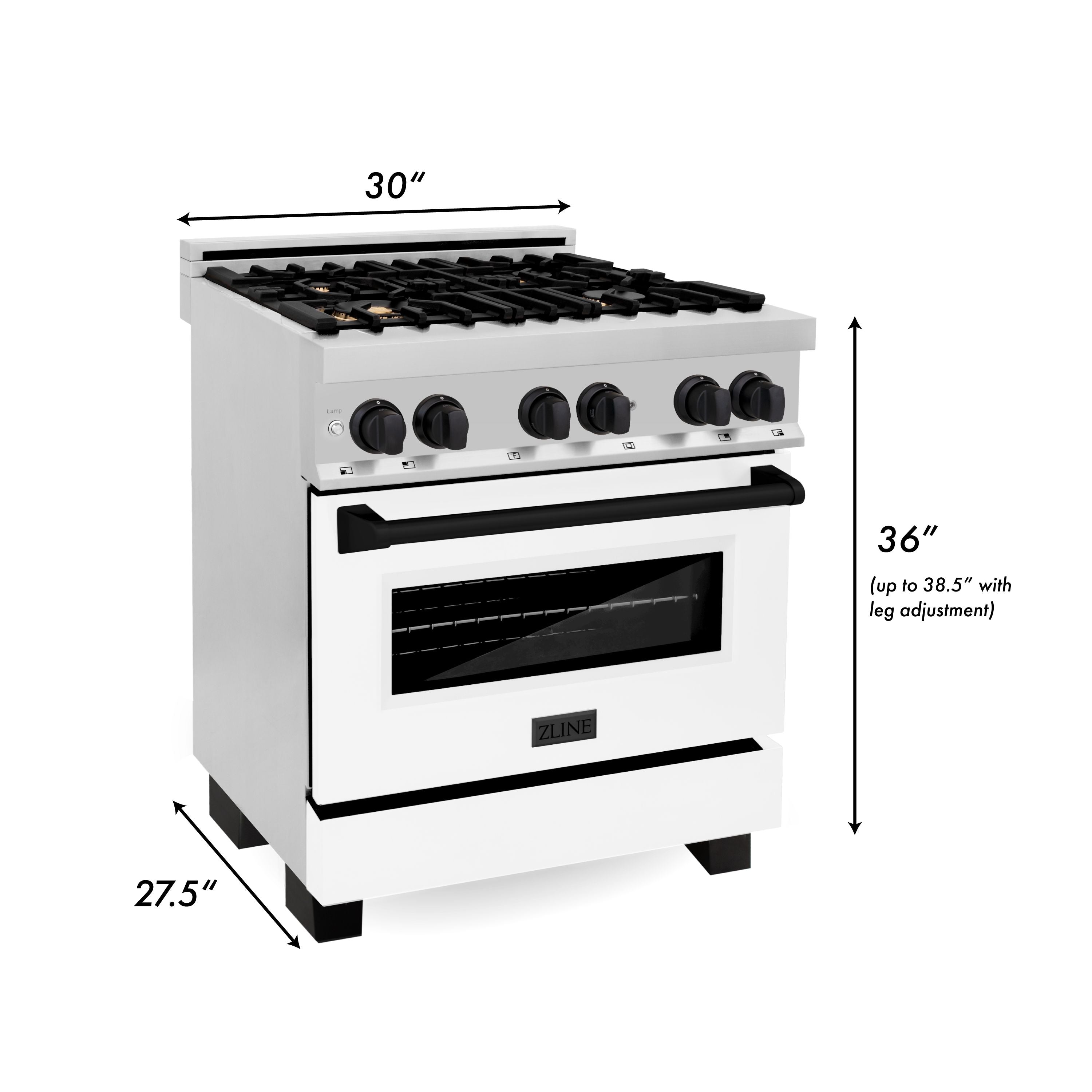 ZLINE Autograph 30 in. Dual Fuel Range 4.0 cu. ft. Gas Cooktop with Electric Convection Oven, White Matte Door and Black Matte Accents (RAZ-WM-30-MB)