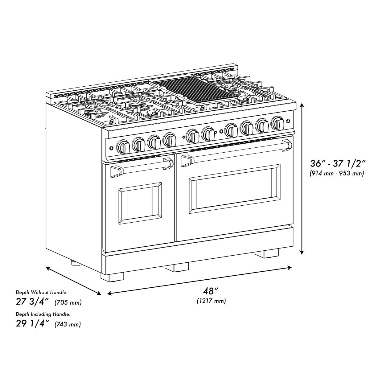 ZLINE 48 in. Gas Range Double Oven 6.7 cu. ft. 8 Brass Burners Satin Stainless Steel, MODEL CGRS-BR-48