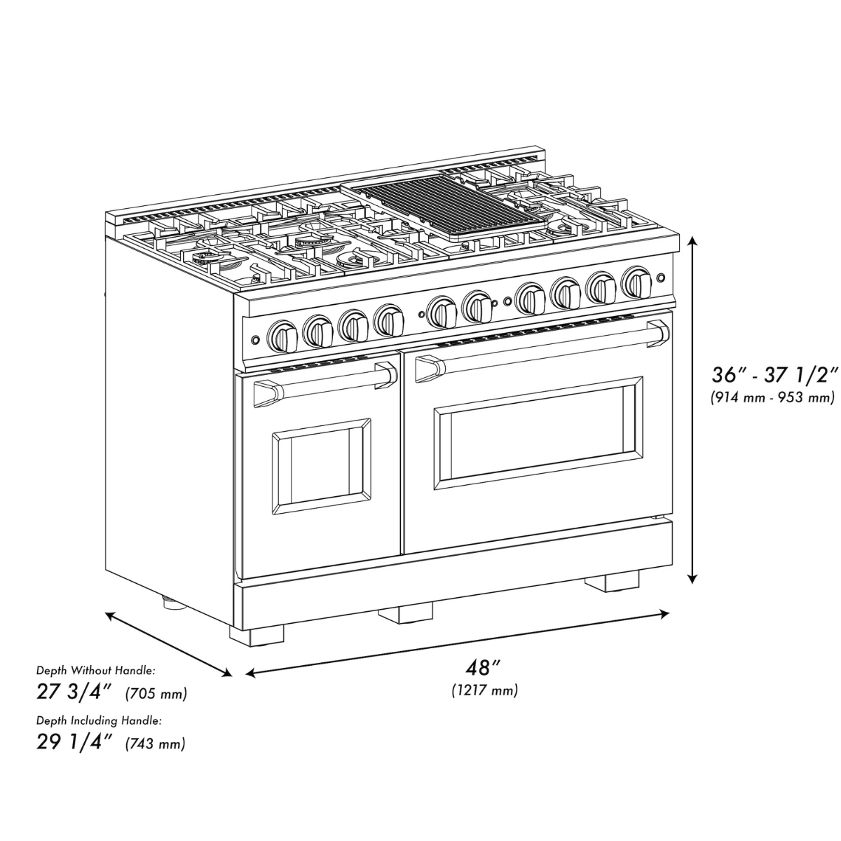 ZLINE 48 in. Gas Range Double Oven 6.7 cu. ft. 8 Brass Burners Satin Stainless Steel Polished Gold Accents (CGRSZ-48-G)