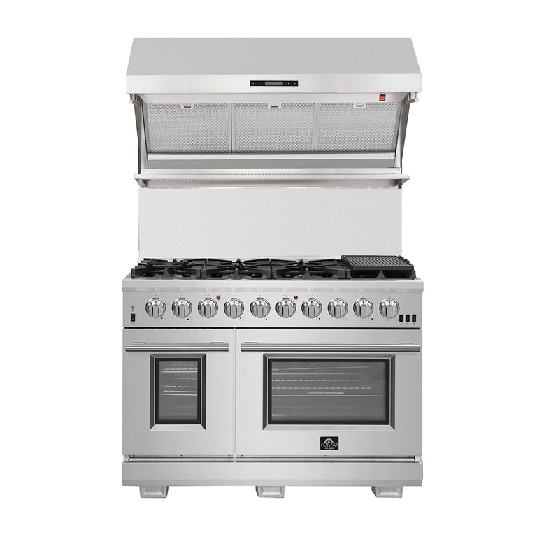 FORNO Appliance Package - 48" Gas Range, 48" Range Hood, 48" Refrigerator, AP-FFSGS6244-48-10
