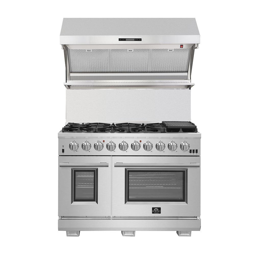 FORNO Package - 48" Dual Fuel Range, Range Hood, Refrigerator, Microwave, Dishwasher, Wine Cooler