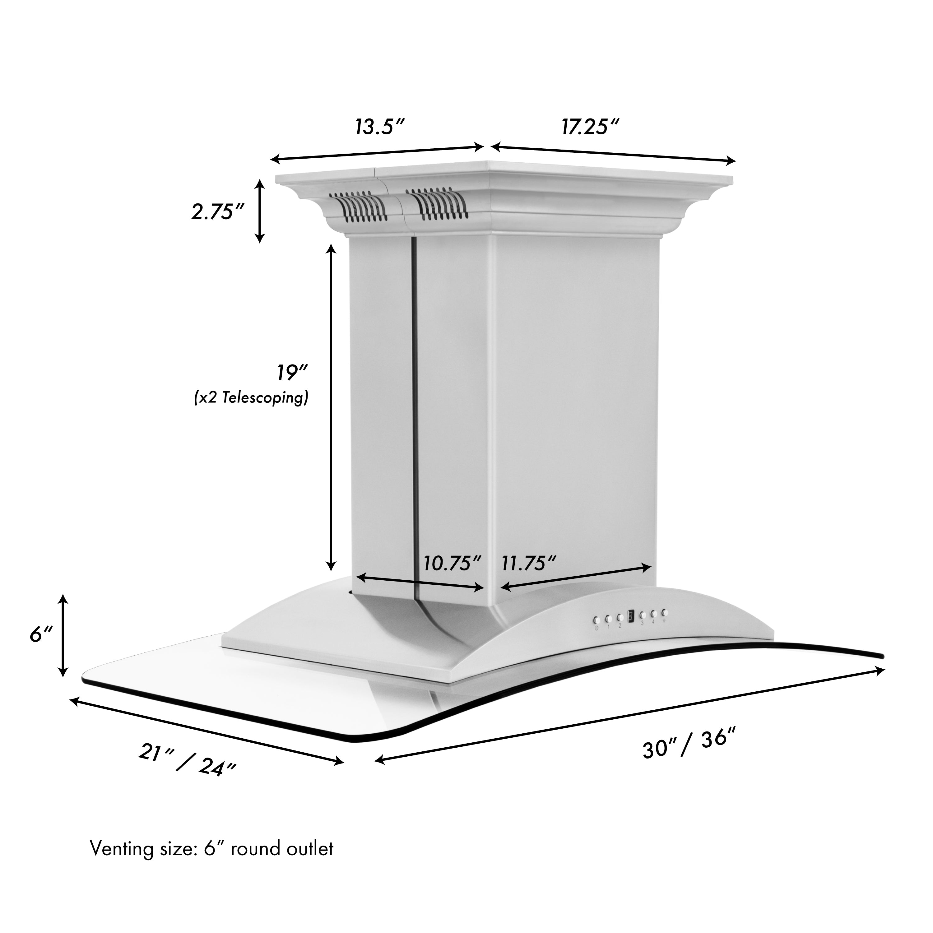 ZLINE 36 in Island Mount Range Hood 400 CFM Stainless Steel CrownSound Bluetooth Speakers (GL9iCRN-BT-36)
