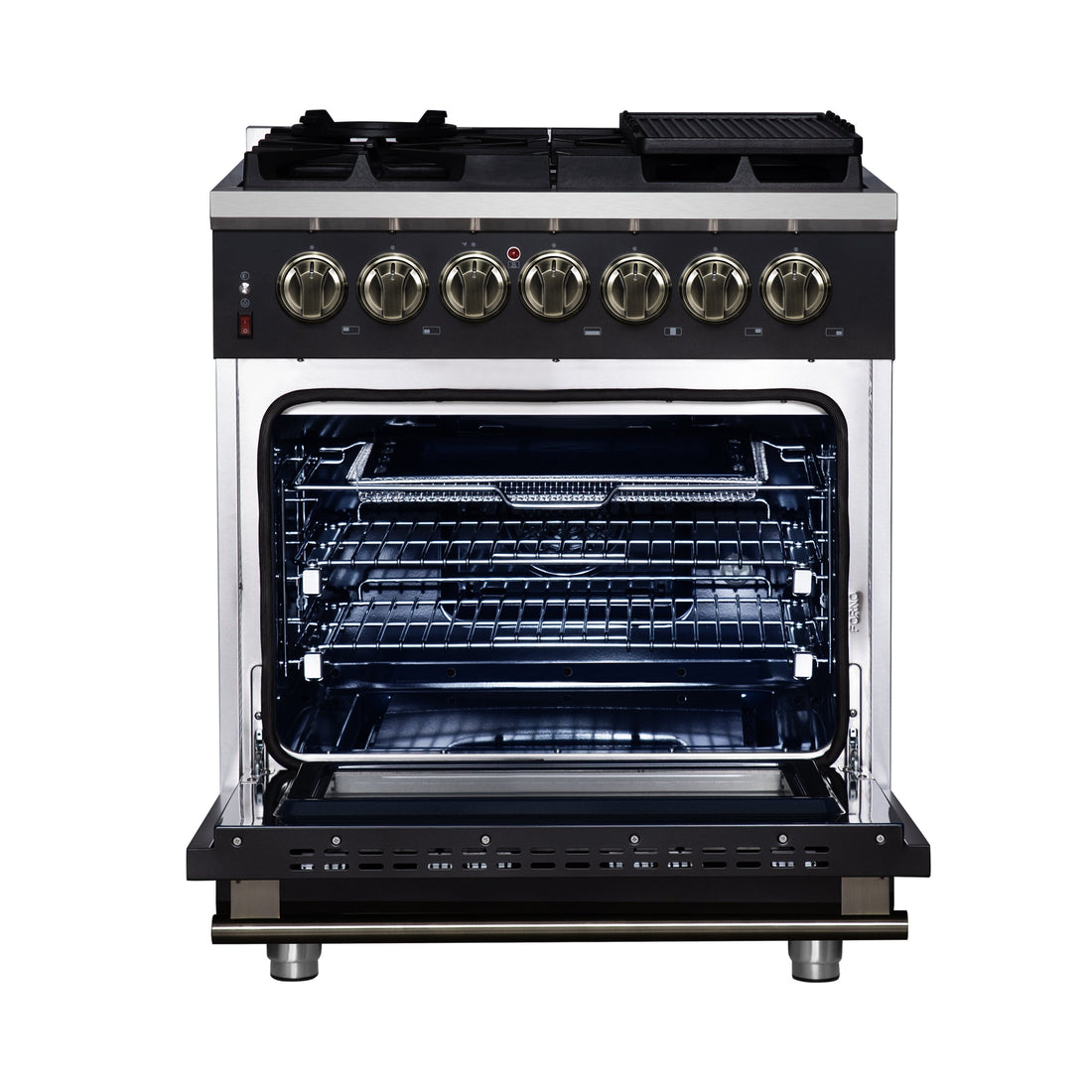 Forno Massimo 30-Inch Freestanding Dual Fuel Range, 4.32 cu. ft. Oven, 5 Sealed Burners, Air Fry Kit, Griddle, Wok Ring, Black with Antique Brass, Model FFSGS6125-30BLK