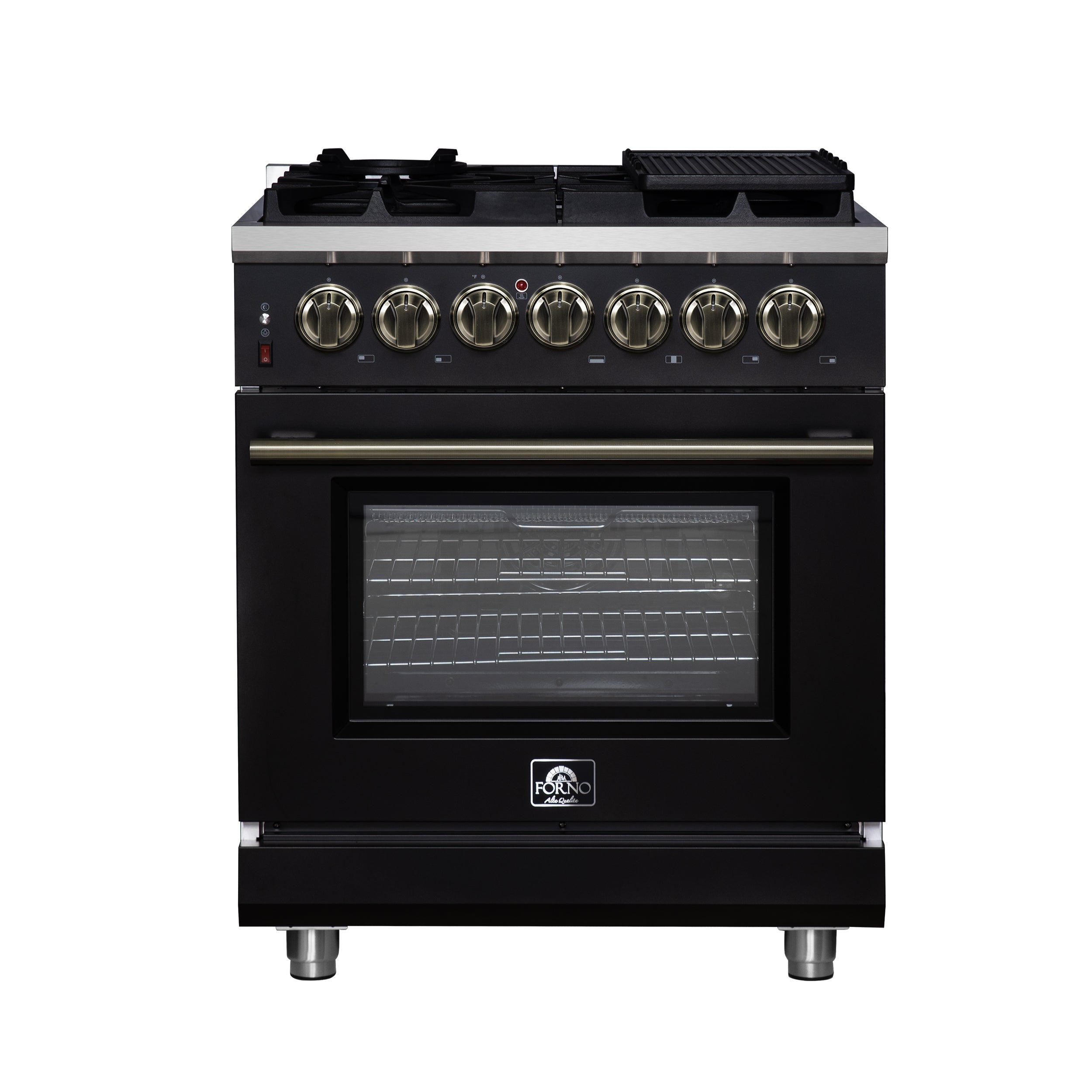 Forno Massimo 30-Inch Freestanding Dual Fuel Range, 4.32 cu. ft. Oven, 5 Sealed Burners, Air Fry Kit, Griddle, Wok Ring, Black with Antique Brass, Model FFSGS6125-30BLK