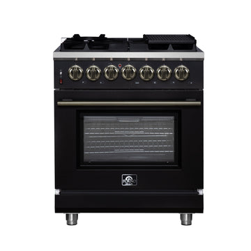 Forno Massimo 30-Inch Freestanding Dual Fuel Range, 4.32 cu. ft. Oven, 5 Sealed Burners, Air Fry Kit, Griddle, Wok Ring, Black with Antique Brass, Model FFSGS6125-30BLK