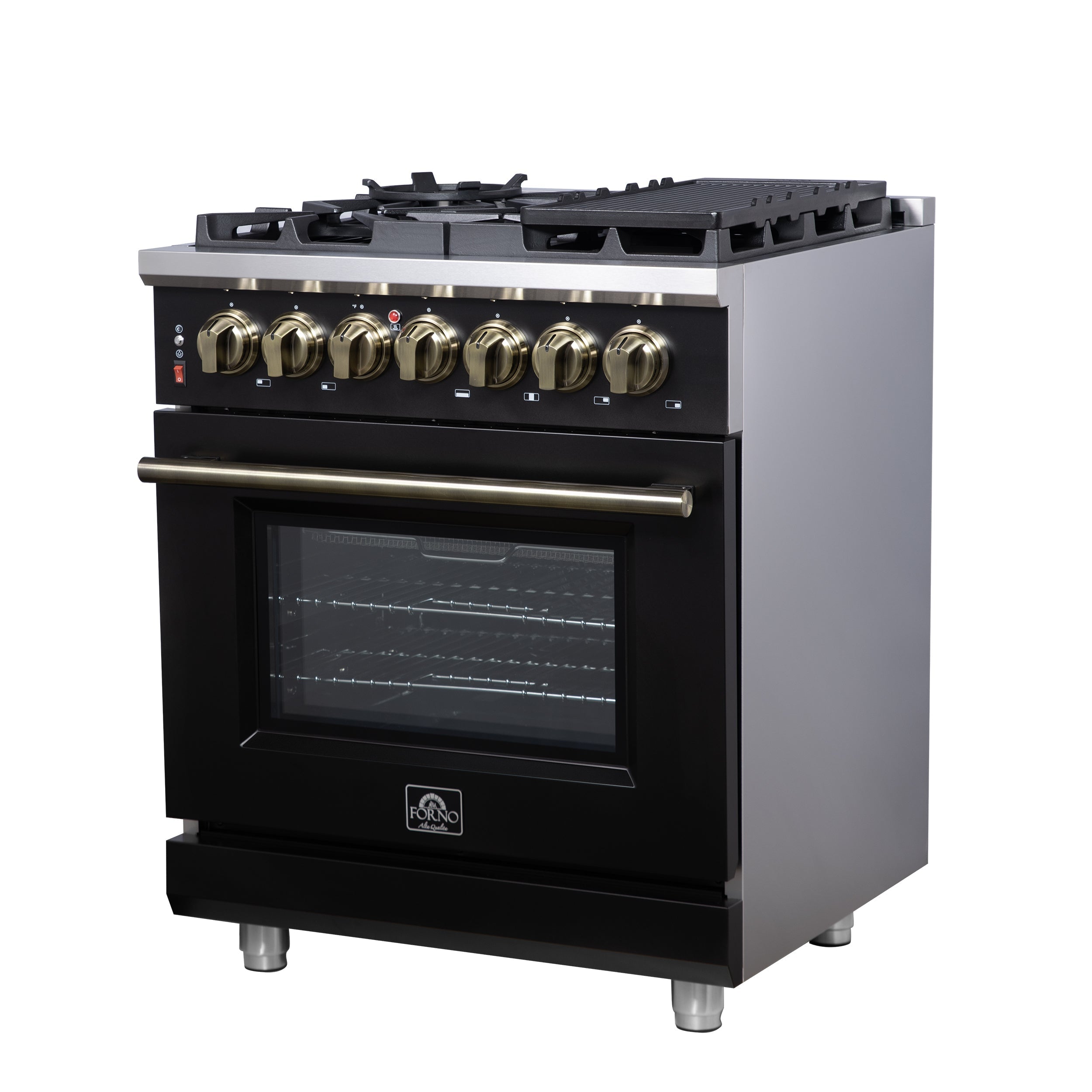 Forno Massimo 30-Inch Freestanding Dual Fuel Range, 4.32 cu. ft. Oven, 5 Sealed Burners, Air Fry Kit, Griddle, Wok Ring, Black with Antique Brass, Model FFSGS6125-30BLK