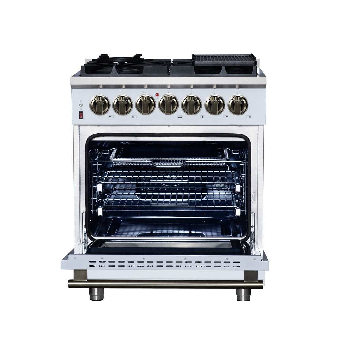 Forno Massimo 30-Inch Freestanding Dual Fuel Range, 4.32 cu. ft., 5 Sealed Burners, Air Fryer Kit, Wok Ring & Griddle, White with Antique Brass Accents (Model FFSGS6125-30WHT)