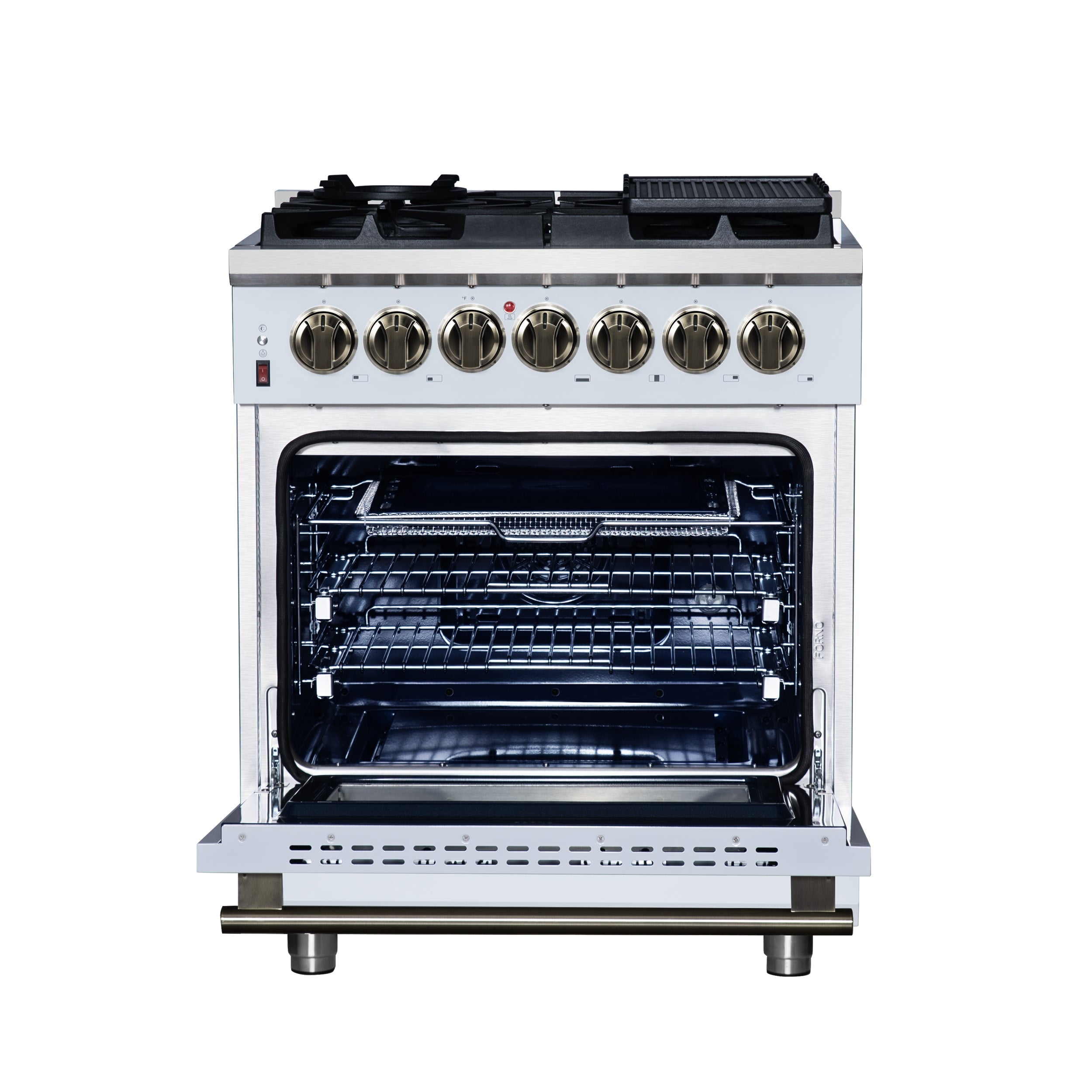 Forno Massimo 30-Inch Freestanding Dual Fuel Range, 4.32 cu. ft., 5 Sealed Burners, Air Fryer Kit, Wok Ring & Griddle, White with Antique Brass Accents (Model FFSGS6125-30WHT)