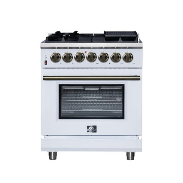 Forno Massimo 30-Inch Freestanding Dual Fuel Range, 4.32 cu. ft., 5 Sealed Burners, Air Fryer Kit, Wok Ring & Griddle, White with Antique Brass Accents (Model FFSGS6125-30WHT)