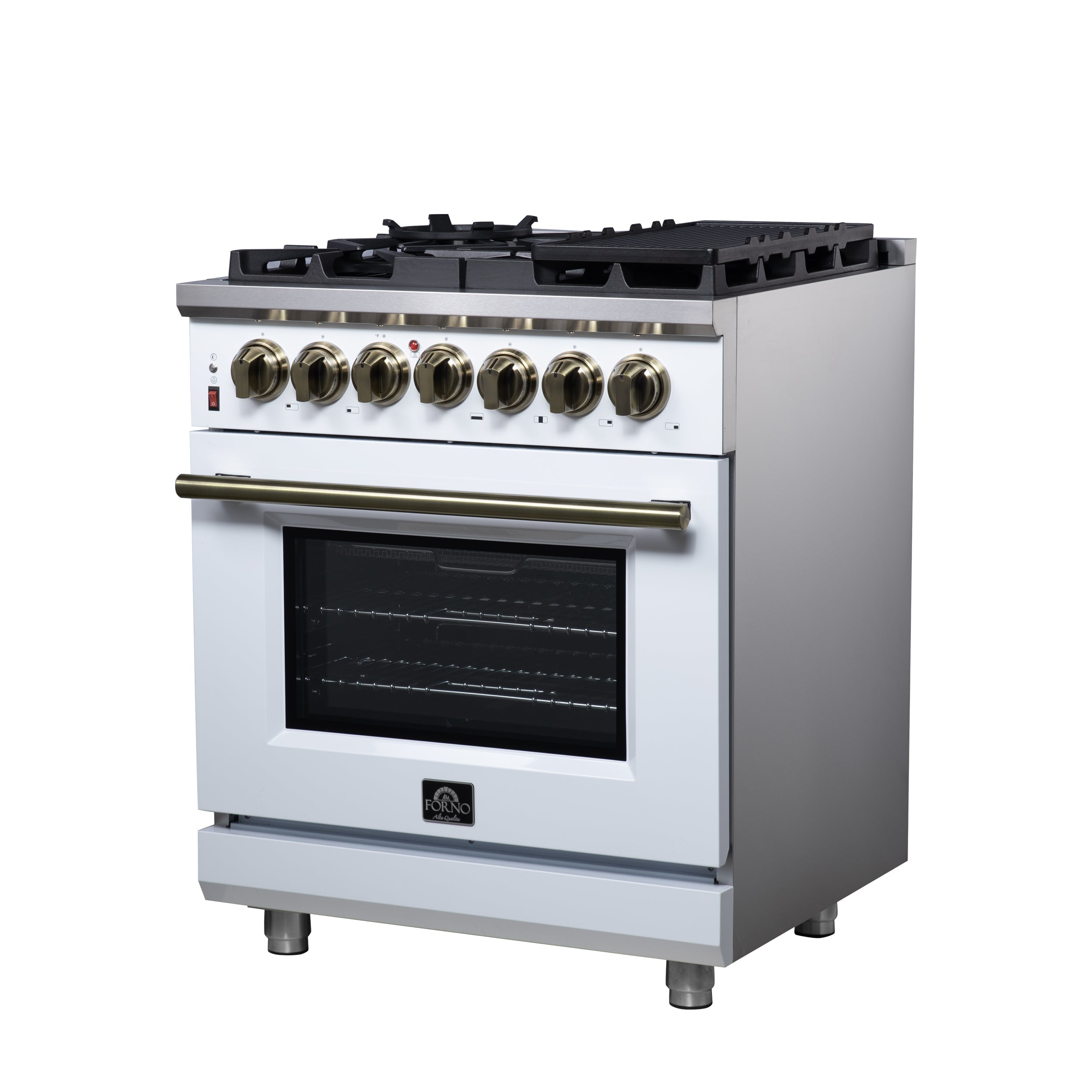 Forno Massimo 30-Inch Freestanding Dual Fuel Range, 4.32 cu. ft., 5 Sealed Burners, Air Fryer Kit, Wok Ring & Griddle, White with Antique Brass Accents (Model FFSGS6125-30WHT)