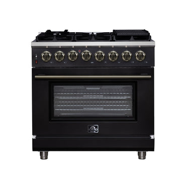 Forno Massimo 36-Inch Freestanding Dual Fuel Range, 6 Sealed Burners, 5.36 cu. ft. Convection Oven, Air Fry Kit, Wok Ring & Reversible Griddle, White with Brass Accents (Model FFSGS6125-36)