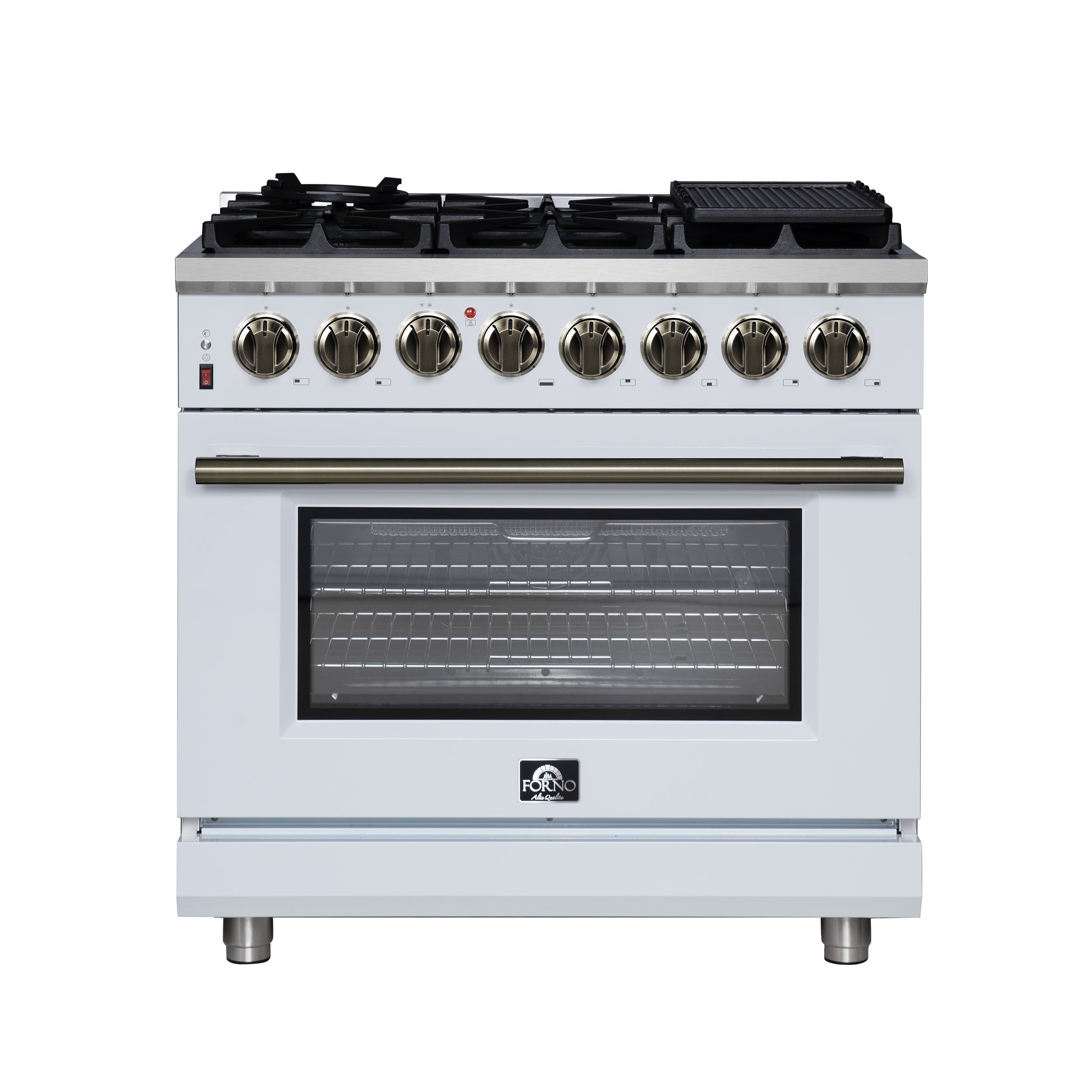 FORNO Massimo 36-Inch Freestanding Dual Fuel Range, 6 Sealed Burners, 5.36 cu. ft. Convection Oven, Air Fry Basket, Wok Support, Griddle, Black with Antique Brass Accents (Model FFSGS6125-36WHT)