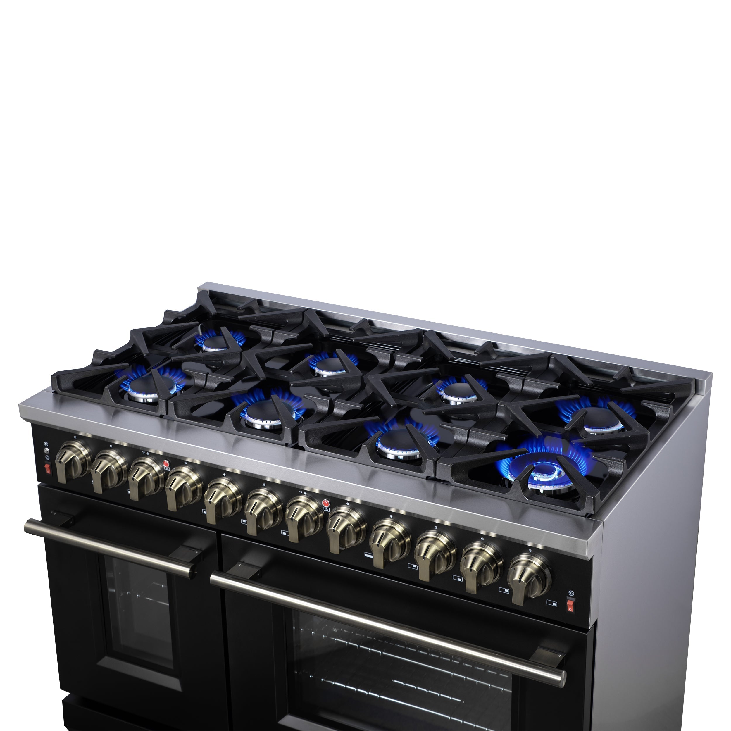Forno Massimo 48-Inch Freestanding Dual Fuel Range, 6.58 Cu. Ft., 8 Sealed Burners, Air Fryer Kit, Black with Antique Brass, Model FFSGS6125-48BLK