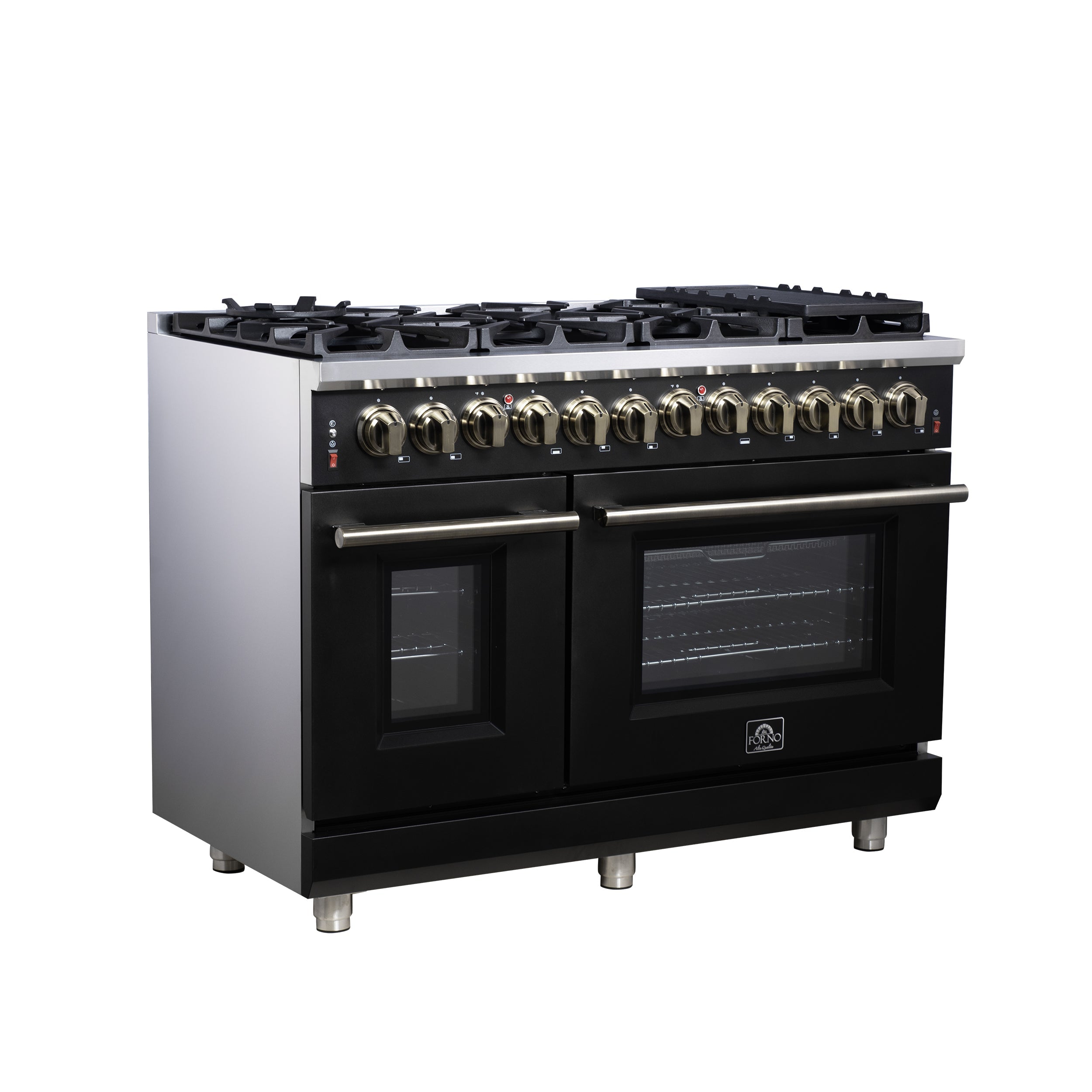 Forno Massimo 48-Inch Freestanding Dual Fuel Range, 6.58 Cu. Ft., 8 Sealed Burners, Air Fryer Kit, Black with Antique Brass, Model FFSGS6125-48BLK