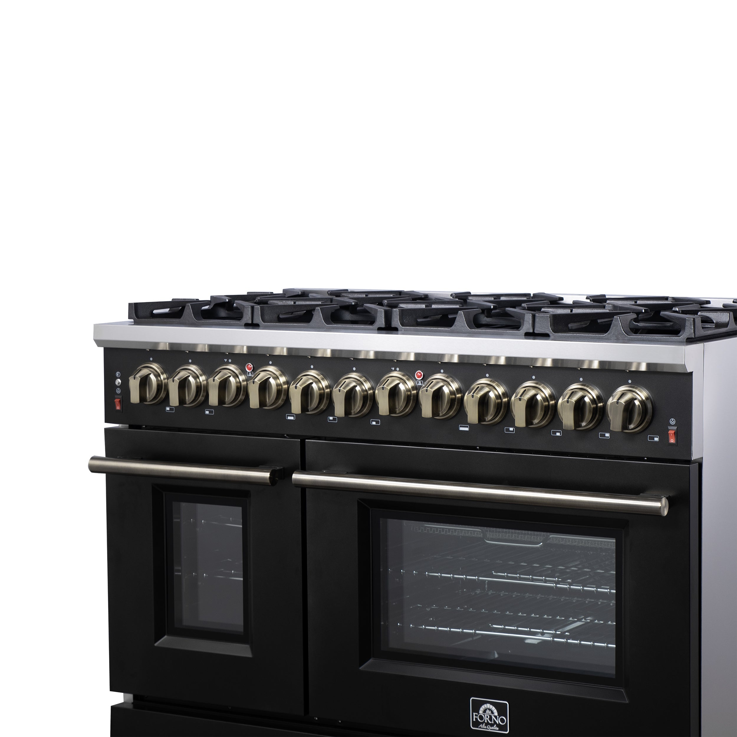 Forno Massimo 48-Inch Freestanding Dual Fuel Range, 6.58 Cu. Ft., 8 Sealed Burners, Air Fryer Kit, Black with Antique Brass, Model FFSGS6125-48BLK