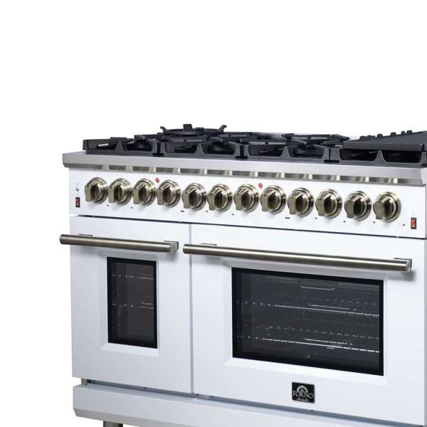 Forno Massimo 48-Inch Freestanding Dual Fuel Range, 6.58 cu. ft. Oven, 8 Sealed Burners, White with Antique Brass Trim (Model FFSGS6125-48WHT)