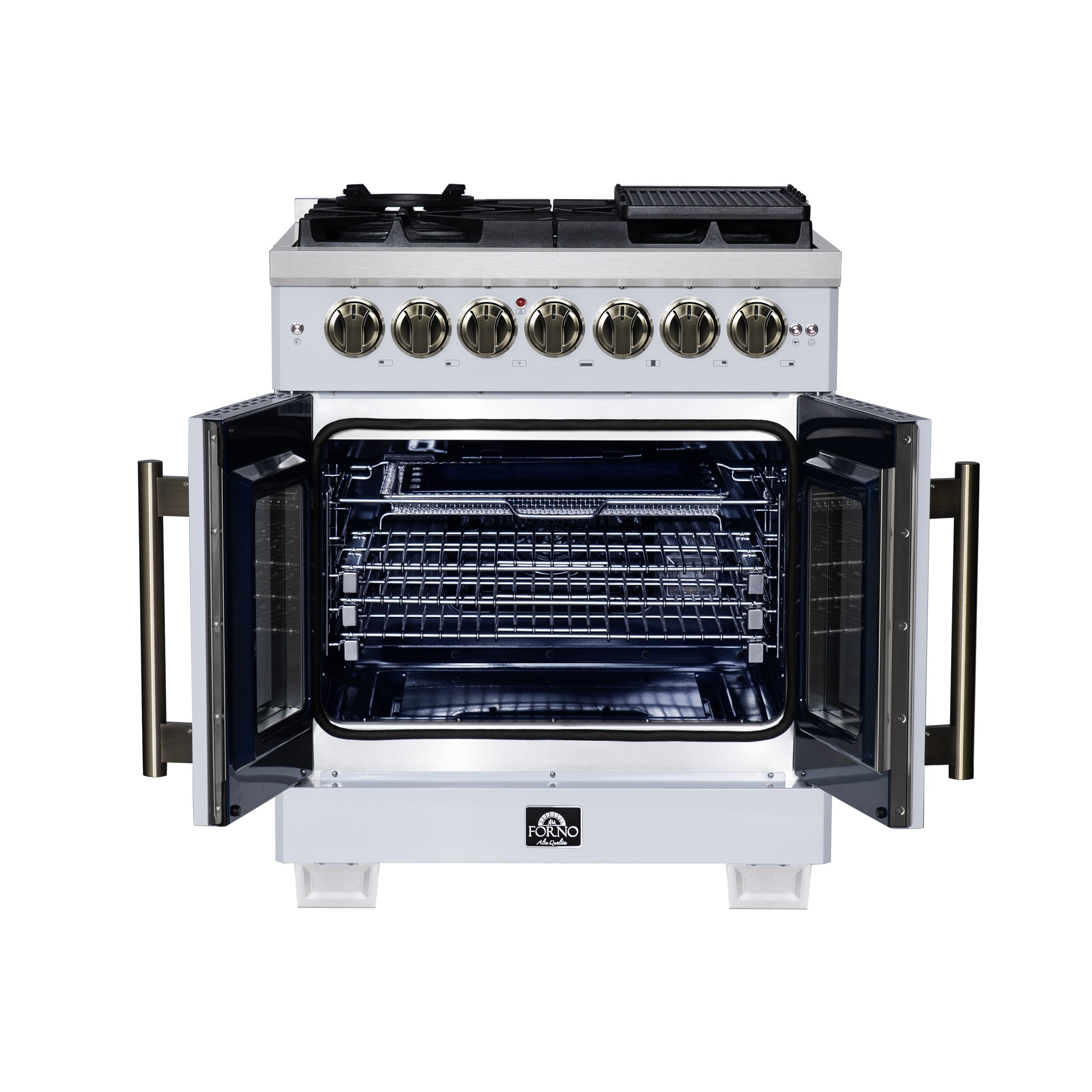 Forno Capriasca 30-Inch Freestanding Dual Fuel Range, 4.32 cu. ft. Oven, 5 Sealed Brass Burners, French Door, White with Antique Brass Accents (Model FFSGS6387-30WHT)