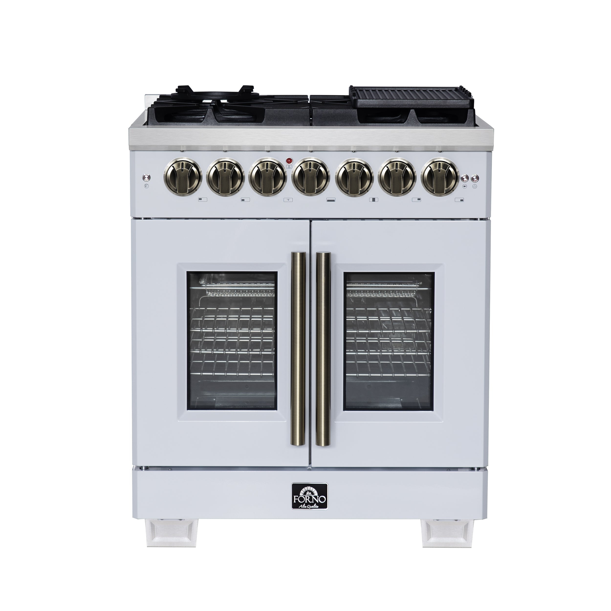 Forno Capriasca 30-Inch Freestanding Dual Fuel Range, 4.32 cu. ft. Oven, 5 Sealed Brass Burners, French Door, White with Antique Brass Accents (Model FFSGS6387-30WHT)