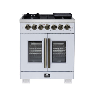 Forno Capriasca 30-Inch Freestanding Dual Fuel Range, 4.32 cu. ft. Oven, 5 Sealed Brass Burners, French Door, White with Antique Brass Accents (Model FFSGS6387-30WHT)