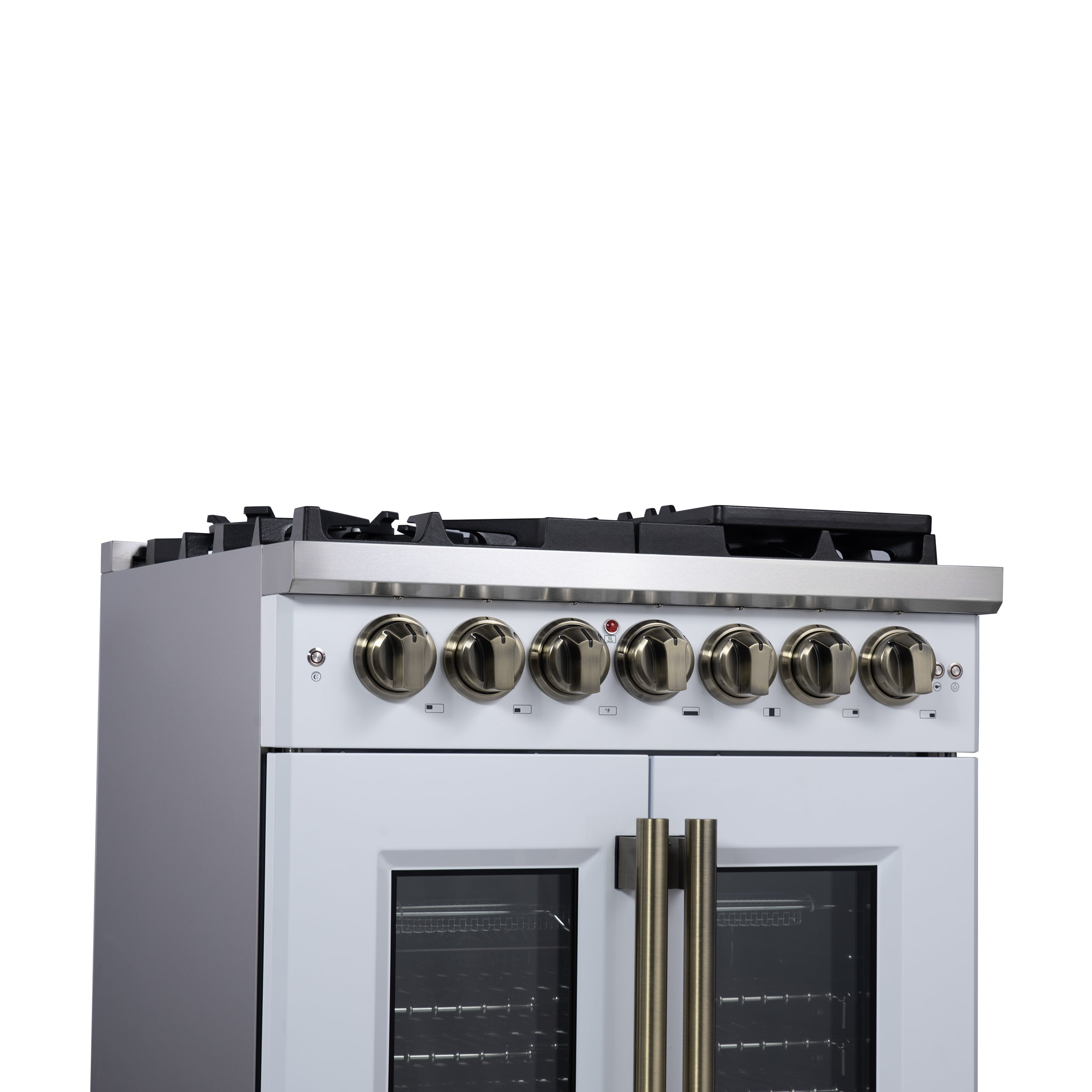 Forno Capriasca 30-Inch Freestanding Dual Fuel Range, 4.32 cu. ft. Oven, 5 Sealed Brass Burners, French Door, White with Antique Brass Accents (Model FFSGS6387-30WHT)