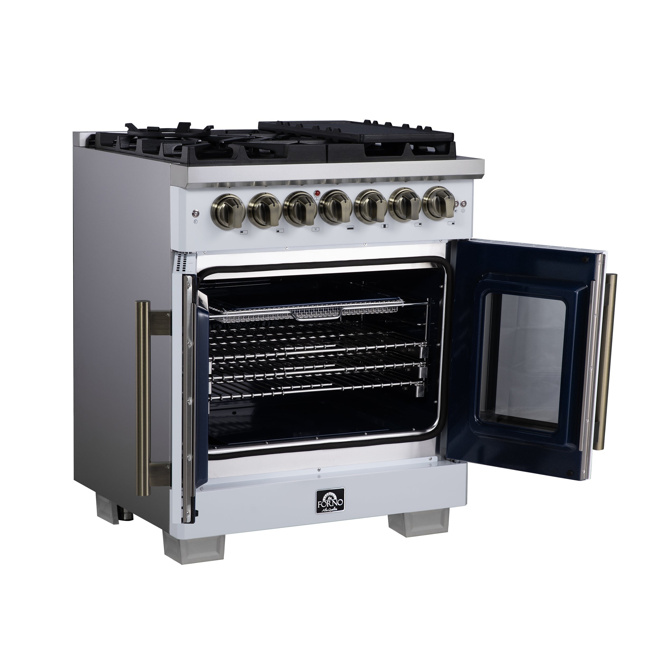Forno Capriasca 30-Inch Freestanding Dual Fuel Range, 4.32 cu. ft. Oven, 5 Sealed Brass Burners, French Door, White with Antique Brass Accents (Model FFSGS6387-30WHT)