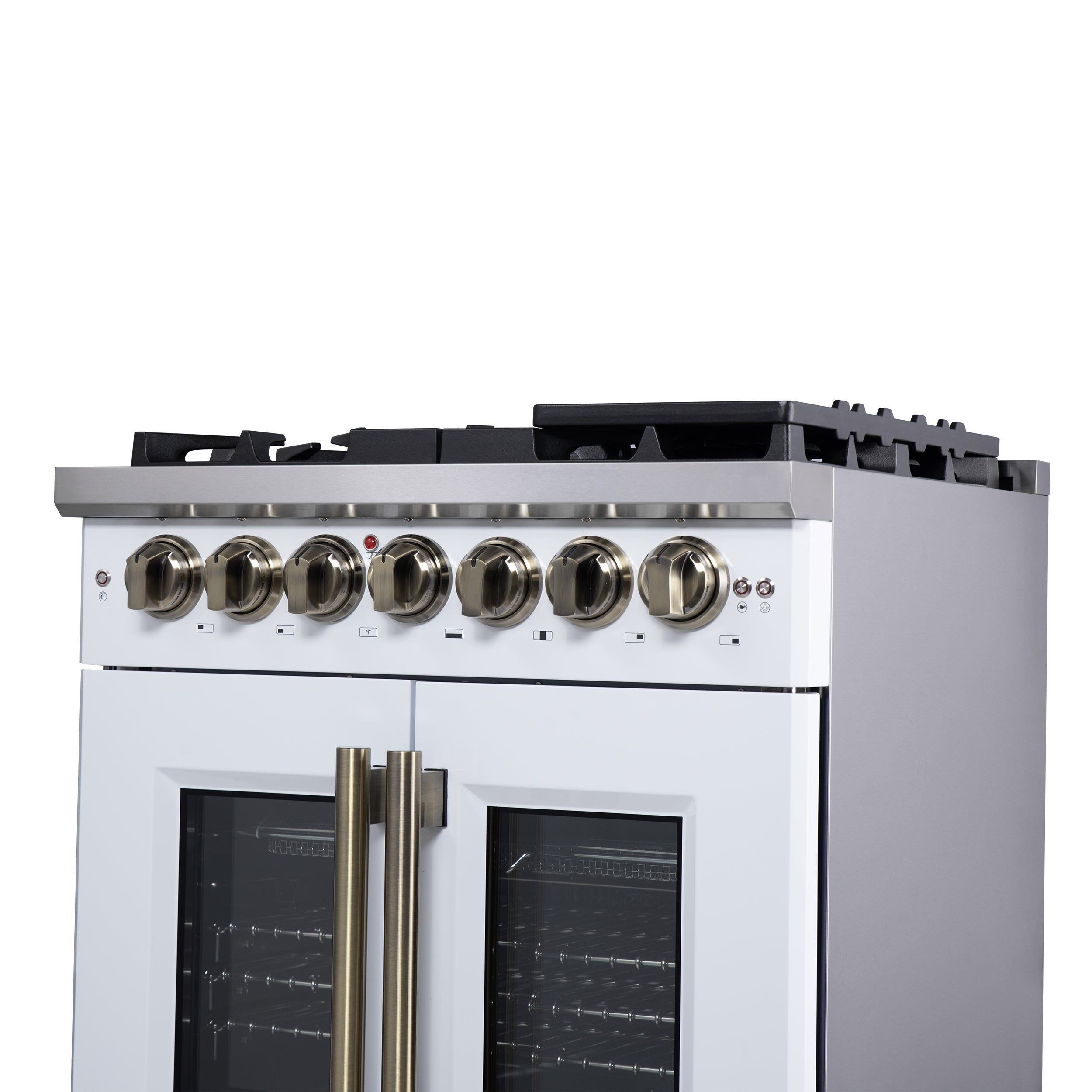 Forno Capriasca 30-Inch Freestanding Dual Fuel Range, 4.32 cu. ft. Oven, 5 Sealed Brass Burners, French Door, White with Antique Brass Accents (Model FFSGS6387-30WHT)