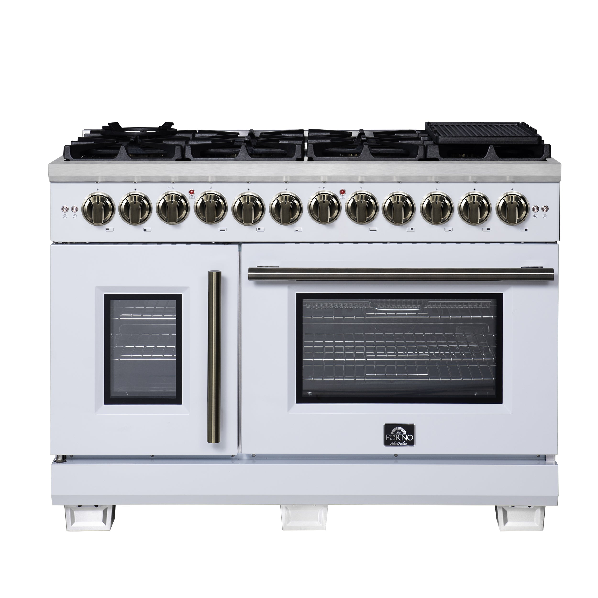 FORNO Capriasca 48-Inch Dual Fuel Range, 6.58 cu. ft. Oven, 8 Sealed Brass Burners, Air Fryer Kit, Rotisserie, Griddle, Wok Ring, White with Antique Brass Acccents (Model: FFSGS6387-48WHT)
