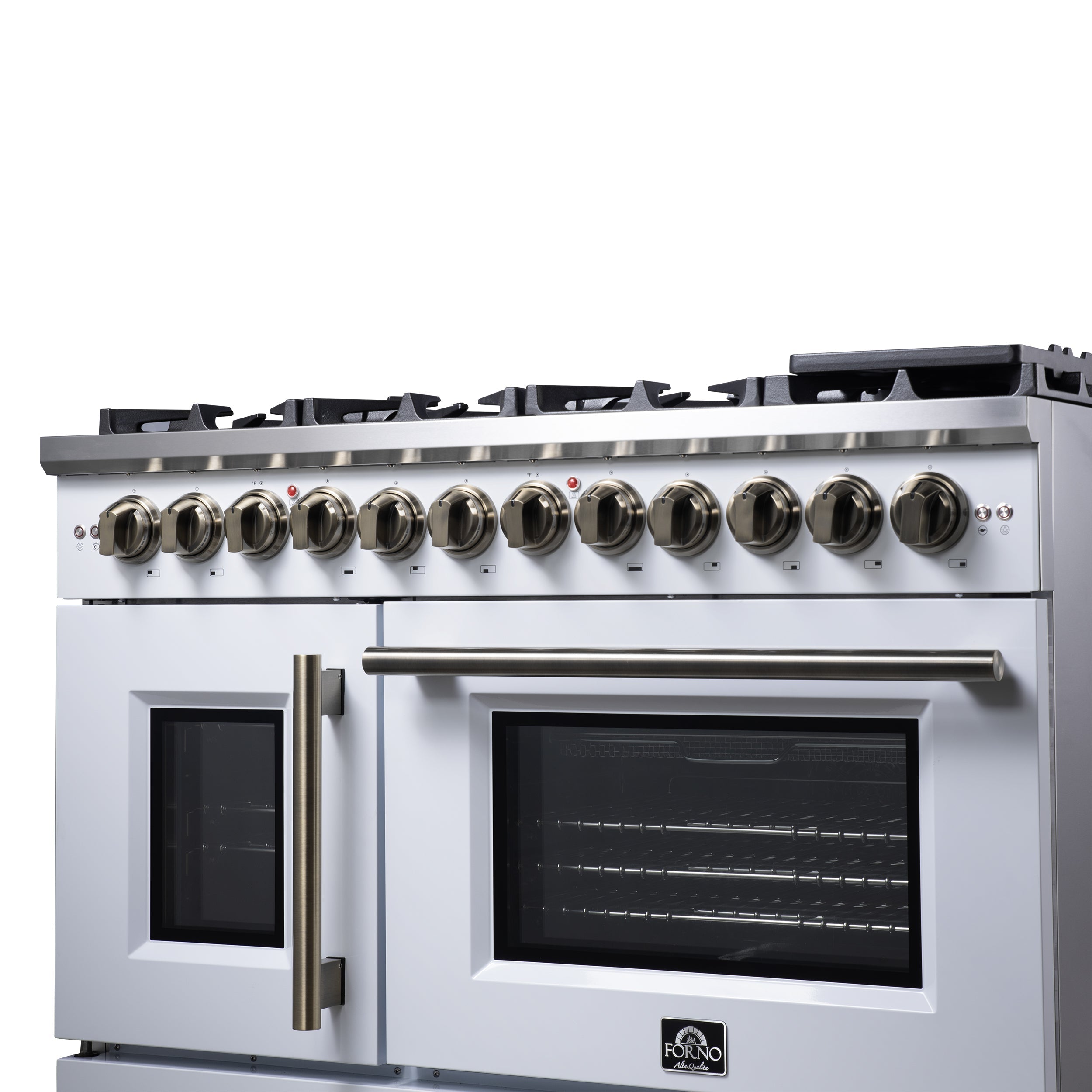 FORNO Capriasca 48-Inch Dual Fuel Range, 6.58 cu. ft. Oven, 8 Sealed Brass Burners, Air Fryer Kit, Rotisserie, Griddle, Wok Ring, White with Antique Brass Acccents (Model: FFSGS6387-48WHT)