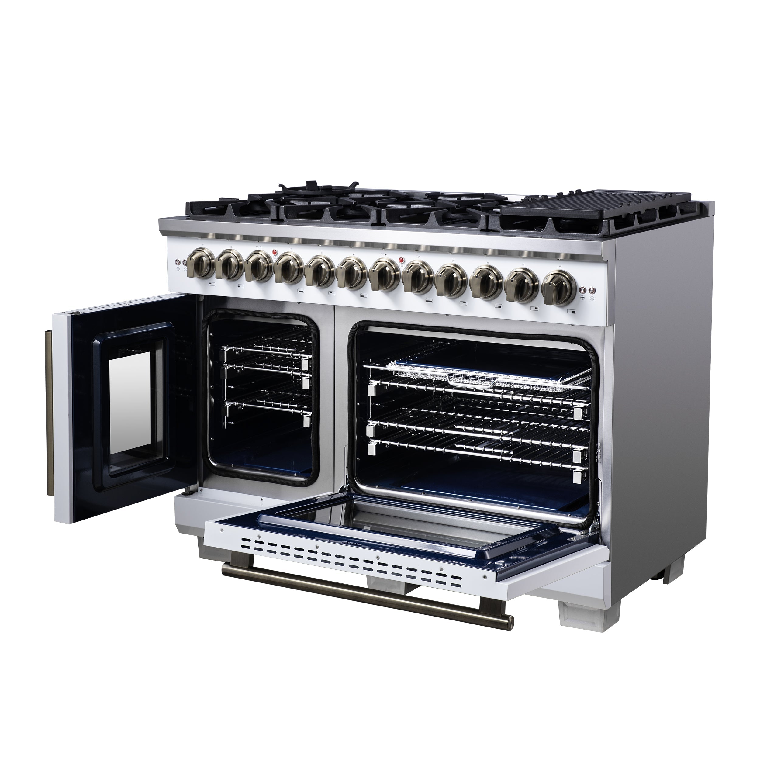 FORNO Capriasca 48-Inch Dual Fuel Range, 6.58 cu. ft. Oven, 8 Sealed Brass Burners, Air Fryer Kit, Rotisserie, Griddle, Wok Ring, White with Antique Brass Acccents (Model: FFSGS6387-48WHT)