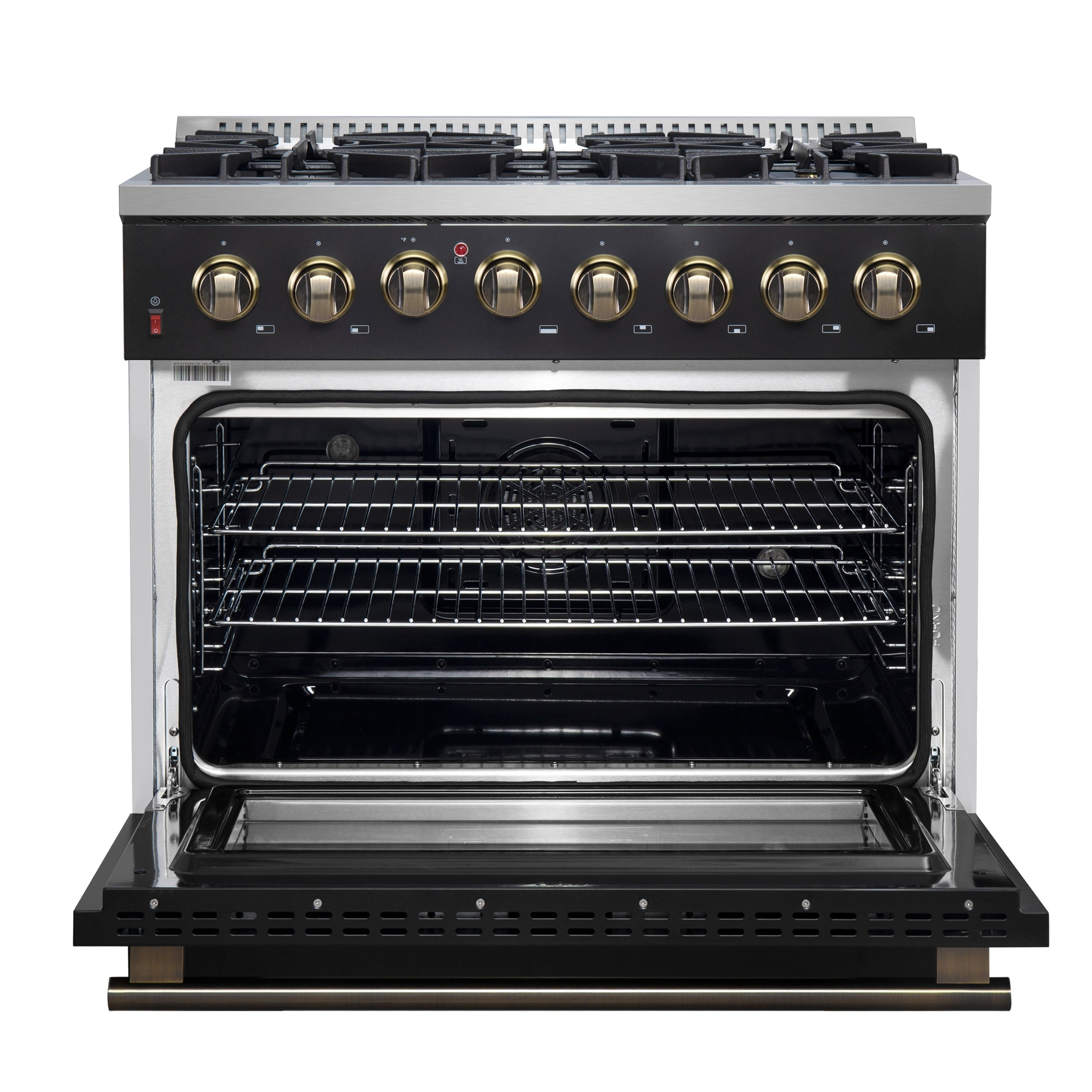Forno Galiano 36-Inch Dual Fuel Range, 6 Sealed Brass Burners, 5.36 cu. ft. Convection Oven, Black Stainless Steel with Antique Brass Accents, Model FFSGS6156-36BLK