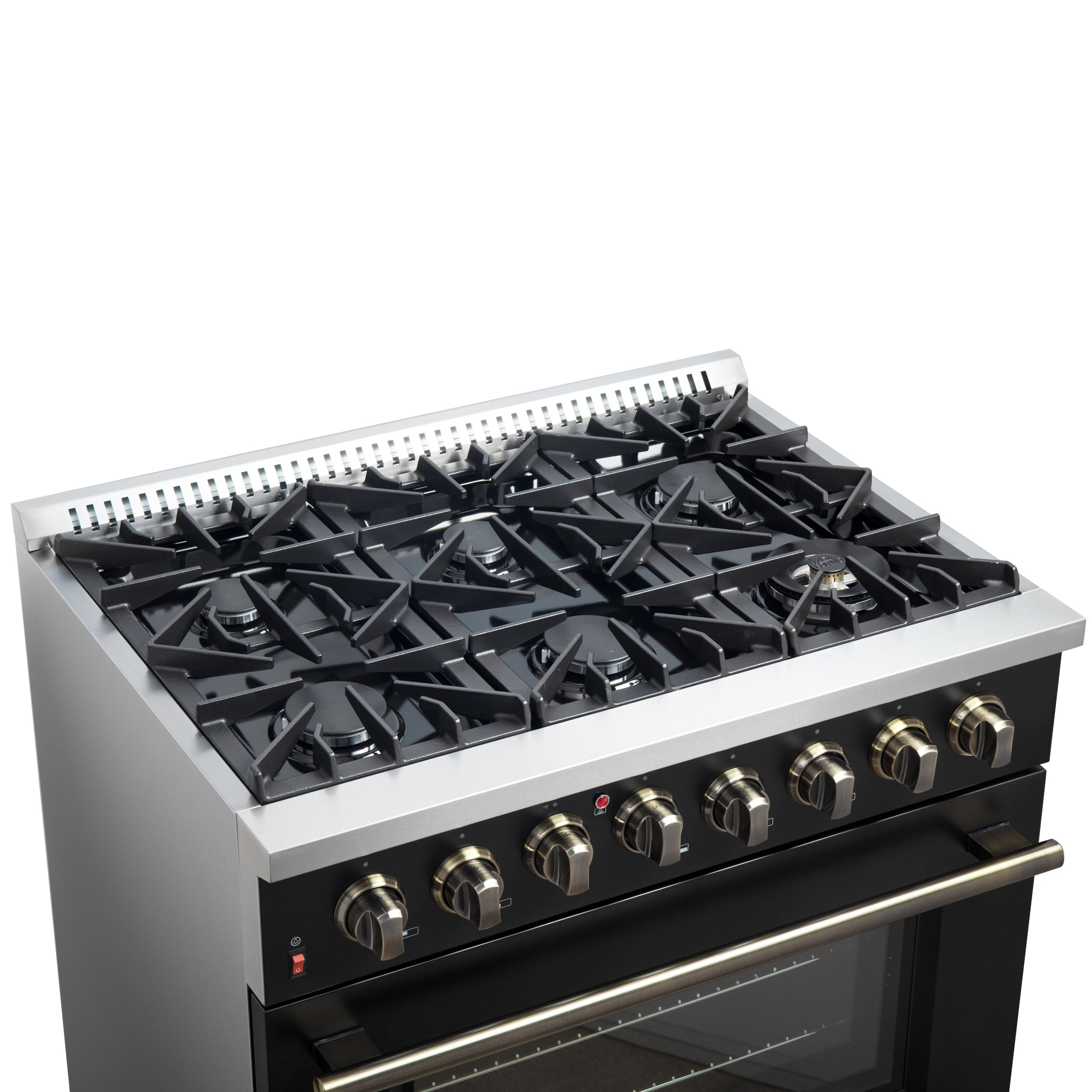Forno Galiano 36-Inch Dual Fuel Range, 6 Sealed Brass Burners, 5.36 cu. ft. Convection Oven, Black Stainless Steel with Antique Brass Accents, Model FFSGS6156-36BLK