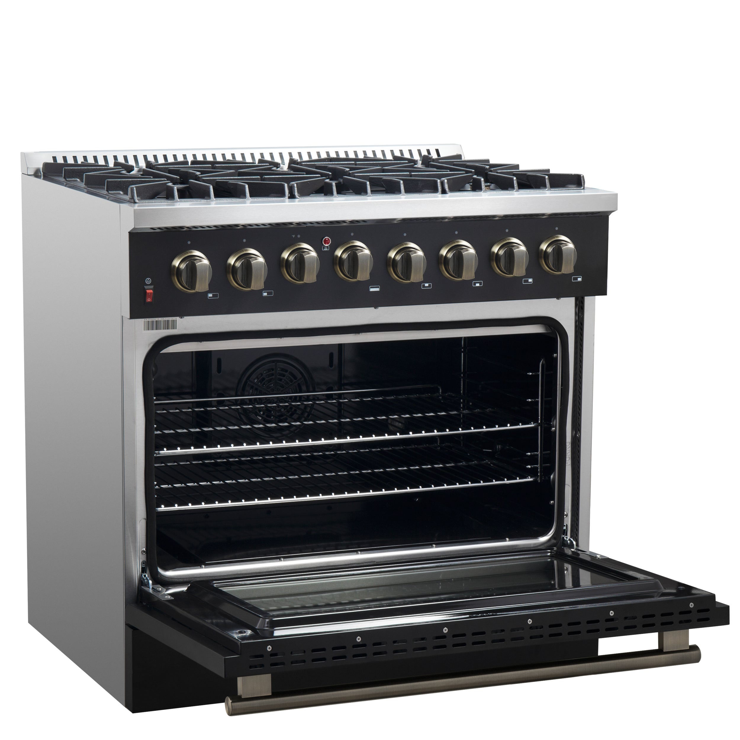 Forno Galiano 36-Inch Dual Fuel Range, 6 Sealed Brass Burners, 5.36 cu. ft. Convection Oven, Black Stainless Steel with Antique Brass Accents, Model FFSGS6156-36BLK