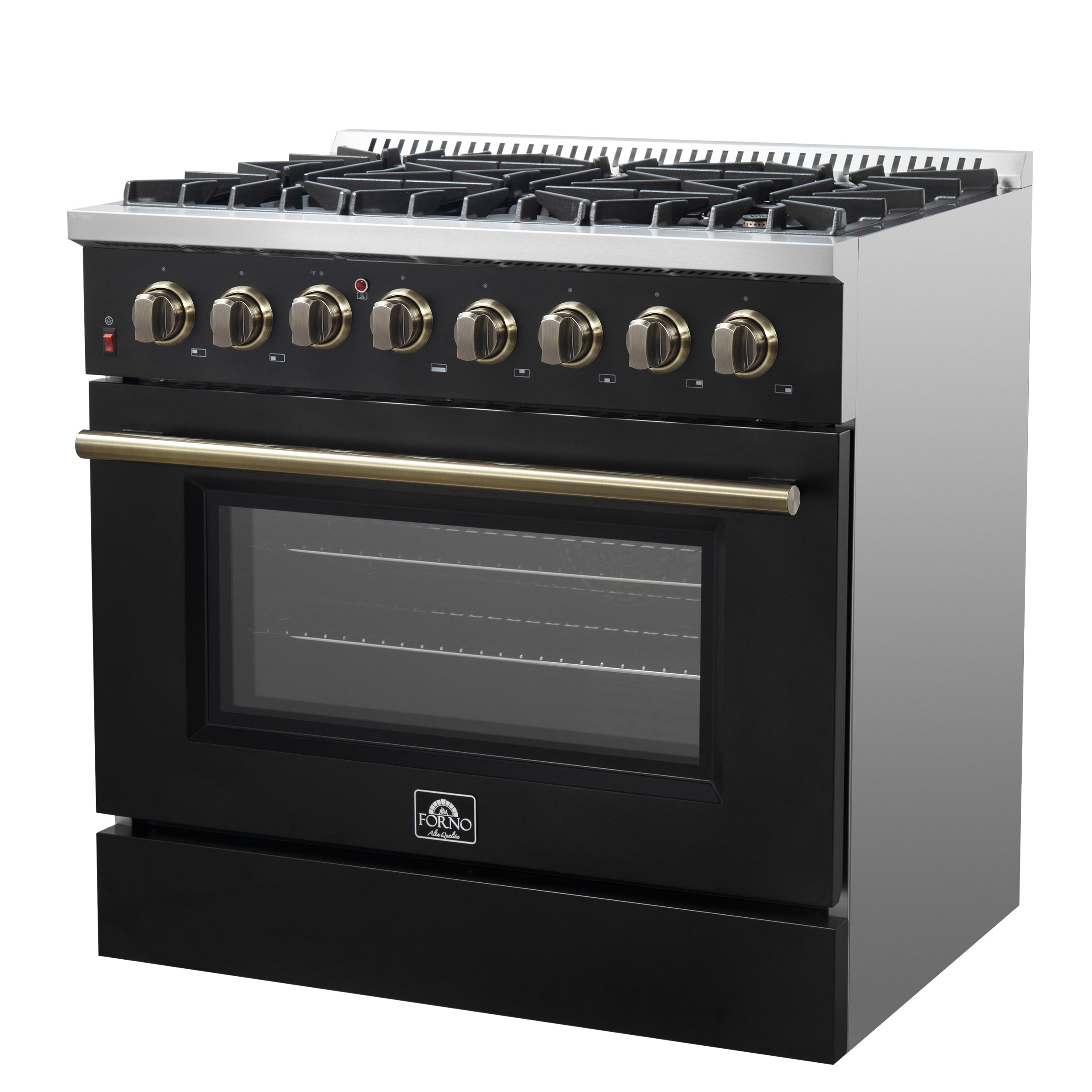 Forno Galiano 36-Inch Dual Fuel Range, 6 Sealed Brass Burners, 5.36 cu. ft. Convection Oven, Black Stainless Steel with Antique Brass Accents, Model FFSGS6156-36BLK