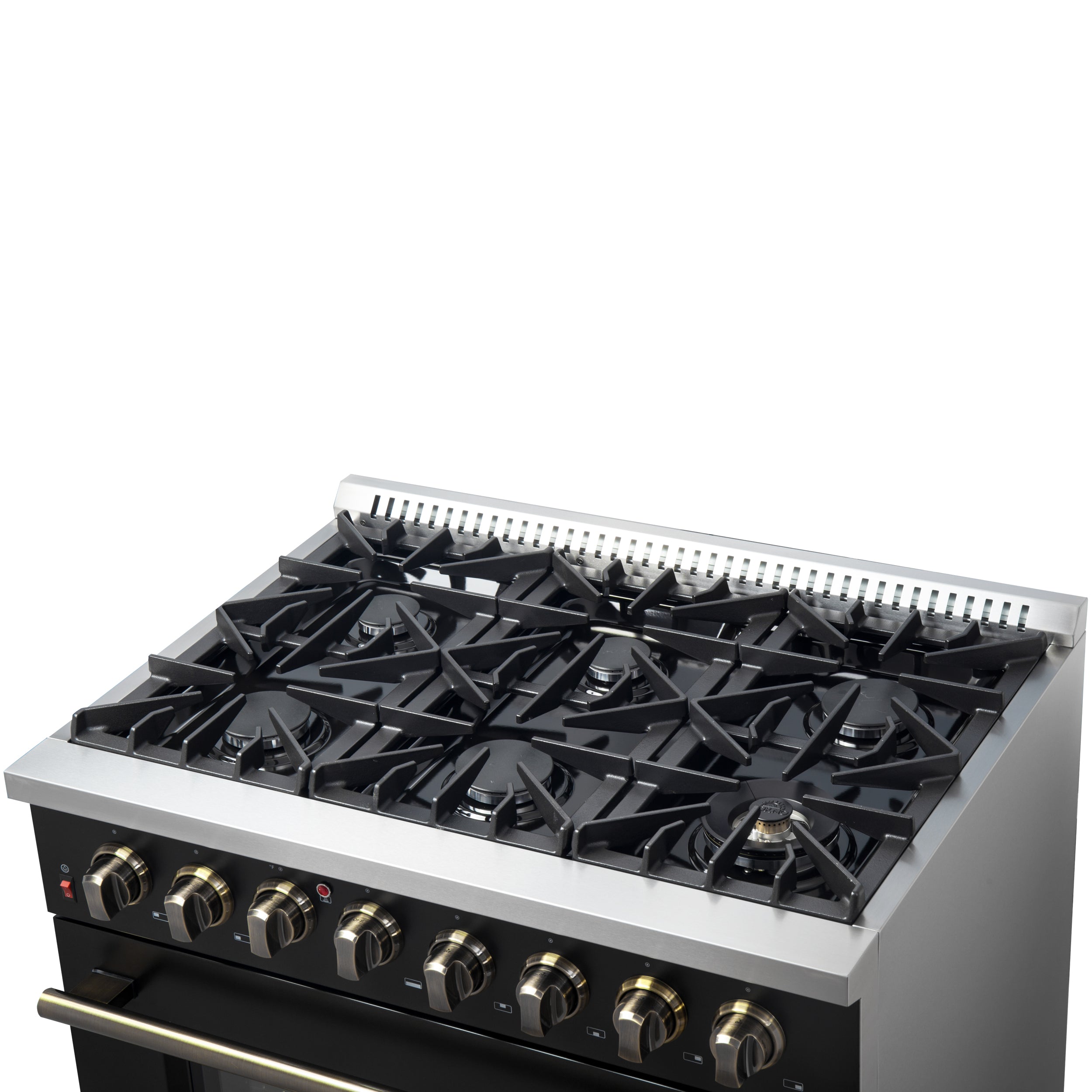 Forno Galiano 36-Inch Dual Fuel Range, 6 Sealed Brass Burners, 5.36 cu. ft. Convection Oven, Black Stainless Steel with Antique Brass Accents, Model FFSGS6156-36BLK
