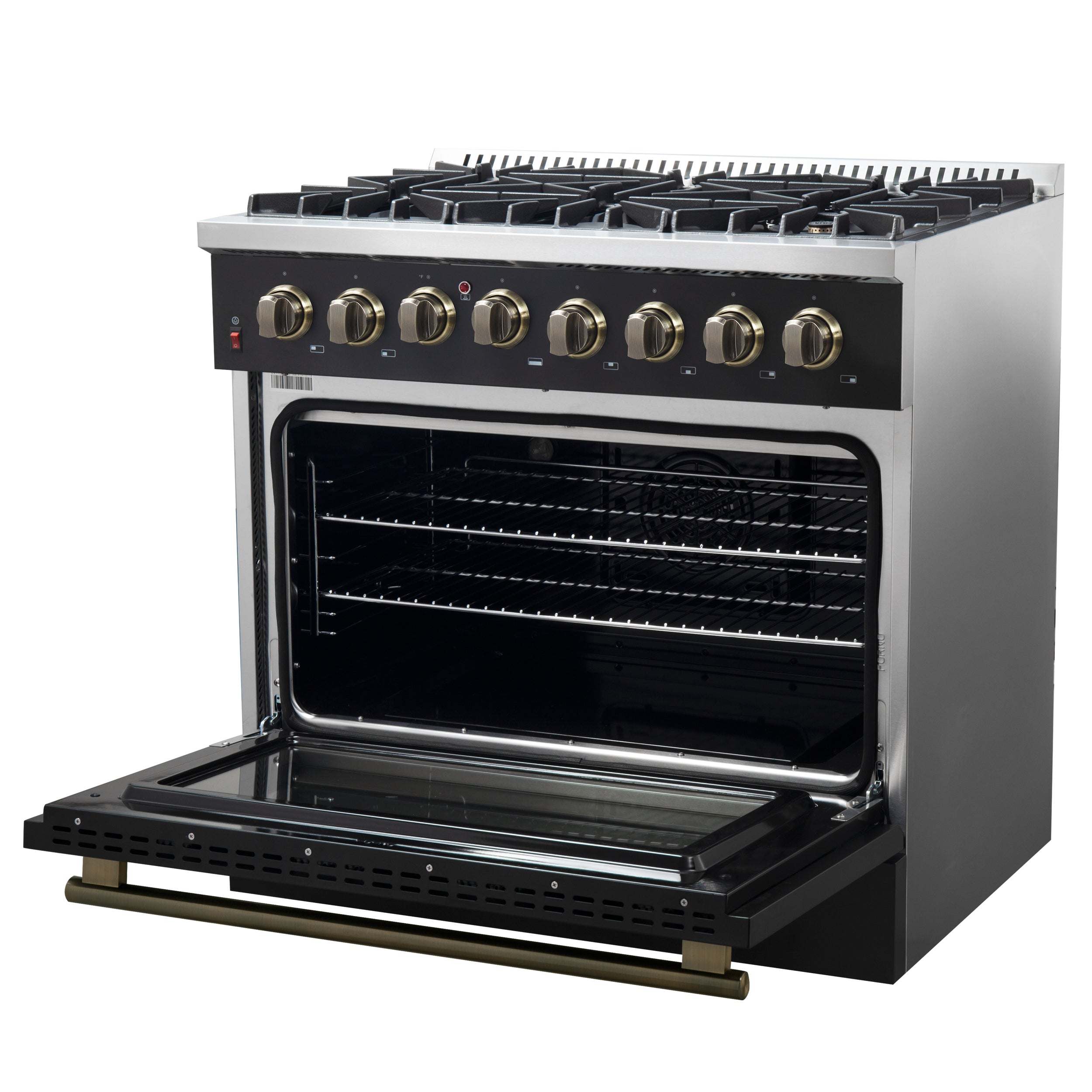 Forno Galiano 36-Inch Dual Fuel Range, 6 Sealed Brass Burners, 5.36 cu. ft. Convection Oven, Black Stainless Steel with Antique Brass Accents, Model FFSGS6156-36BLK