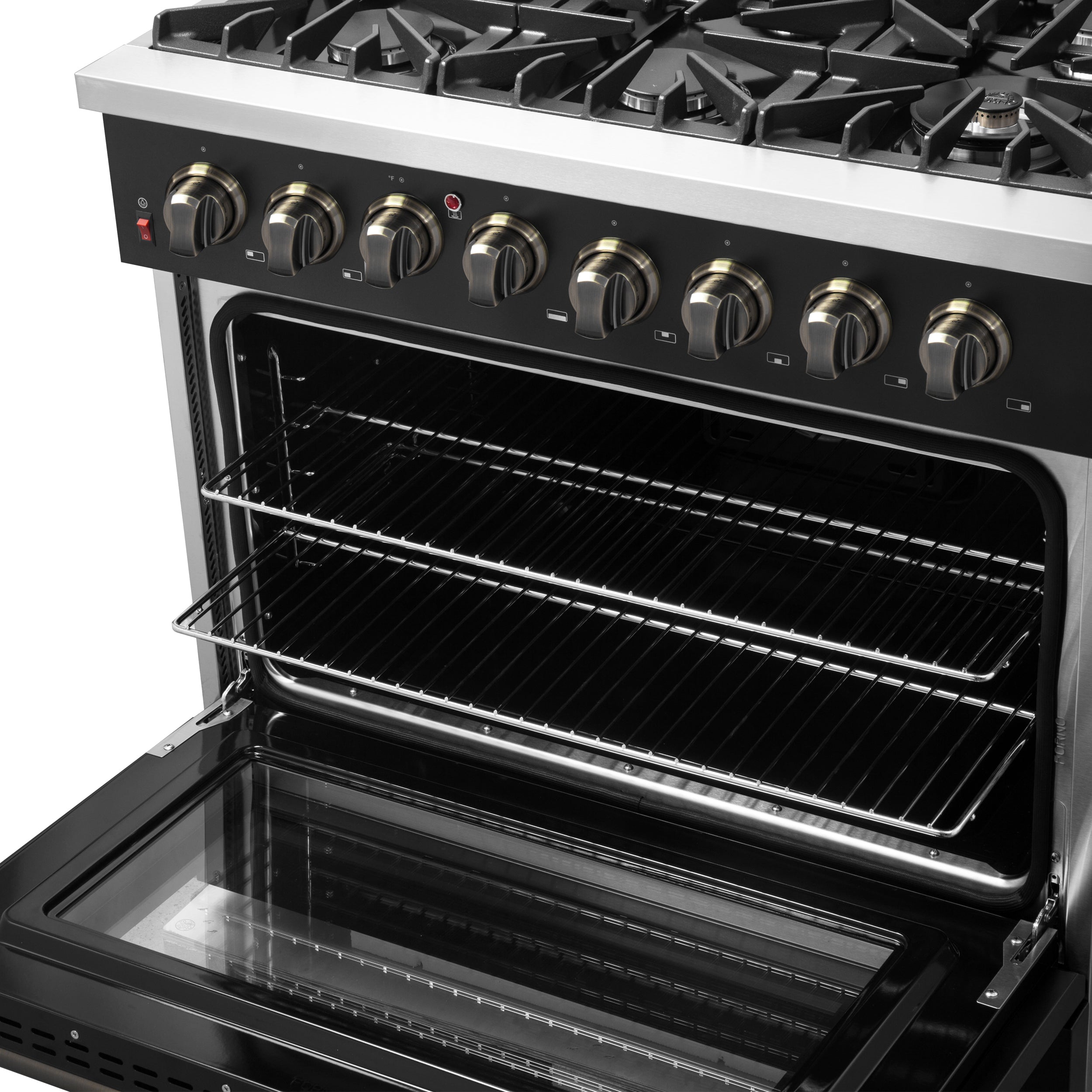 Forno Galiano 36-Inch Dual Fuel Range, 6 Sealed Brass Burners, 5.36 cu. ft. Convection Oven, Black Stainless Steel with Antique Brass Accents, Model FFSGS6156-36BLK