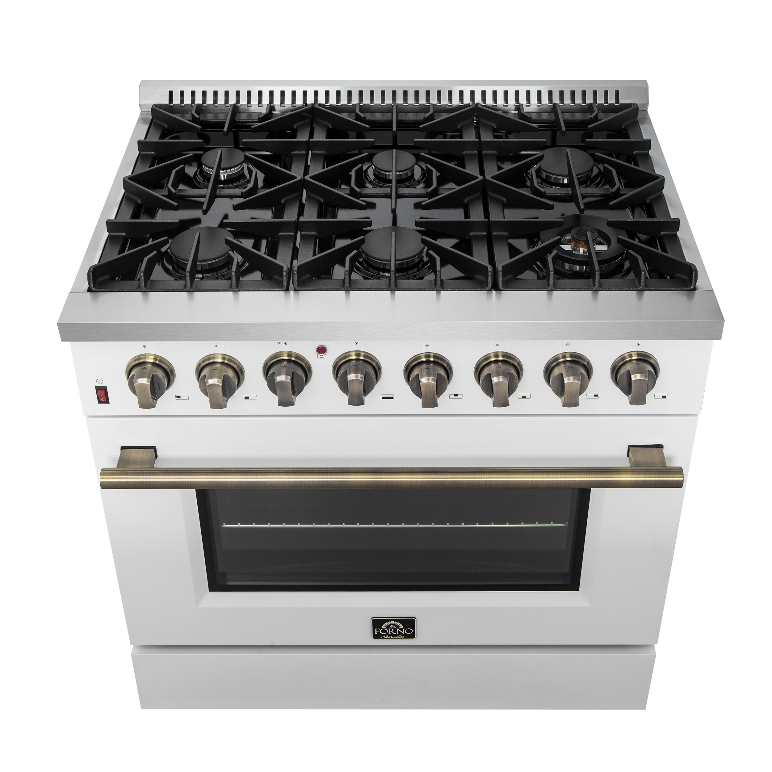 Forno Galiano 36-Inch Dual Fuel Range, 6 Sealed Brass Burners, 5.36 cu. ft. Convection Oven, White Stainless Steel with Antique Brass Accents, Model FFSGS6156-36WHT
